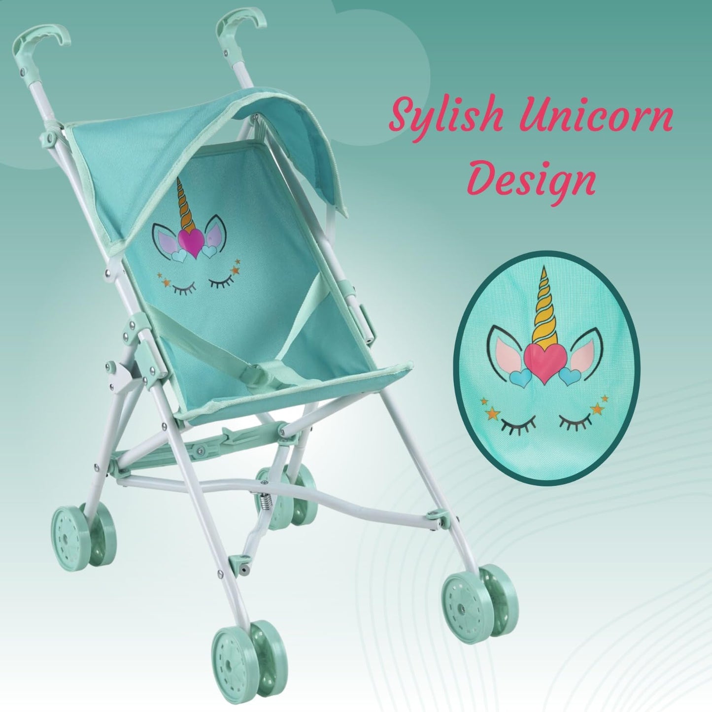 My First Baby Doll Stroller For Toddlers 3 Year Old Girls, Little Kids | Toy Stroller, Foldable Frame, Canopy, Seatbelt - Unicor