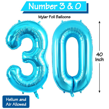 40 Inch Blue 30 Number Balloons, Jumbo Foil Balloons For 30Th Birthday Party Decorations Supplies / 30Th Anniversary Event