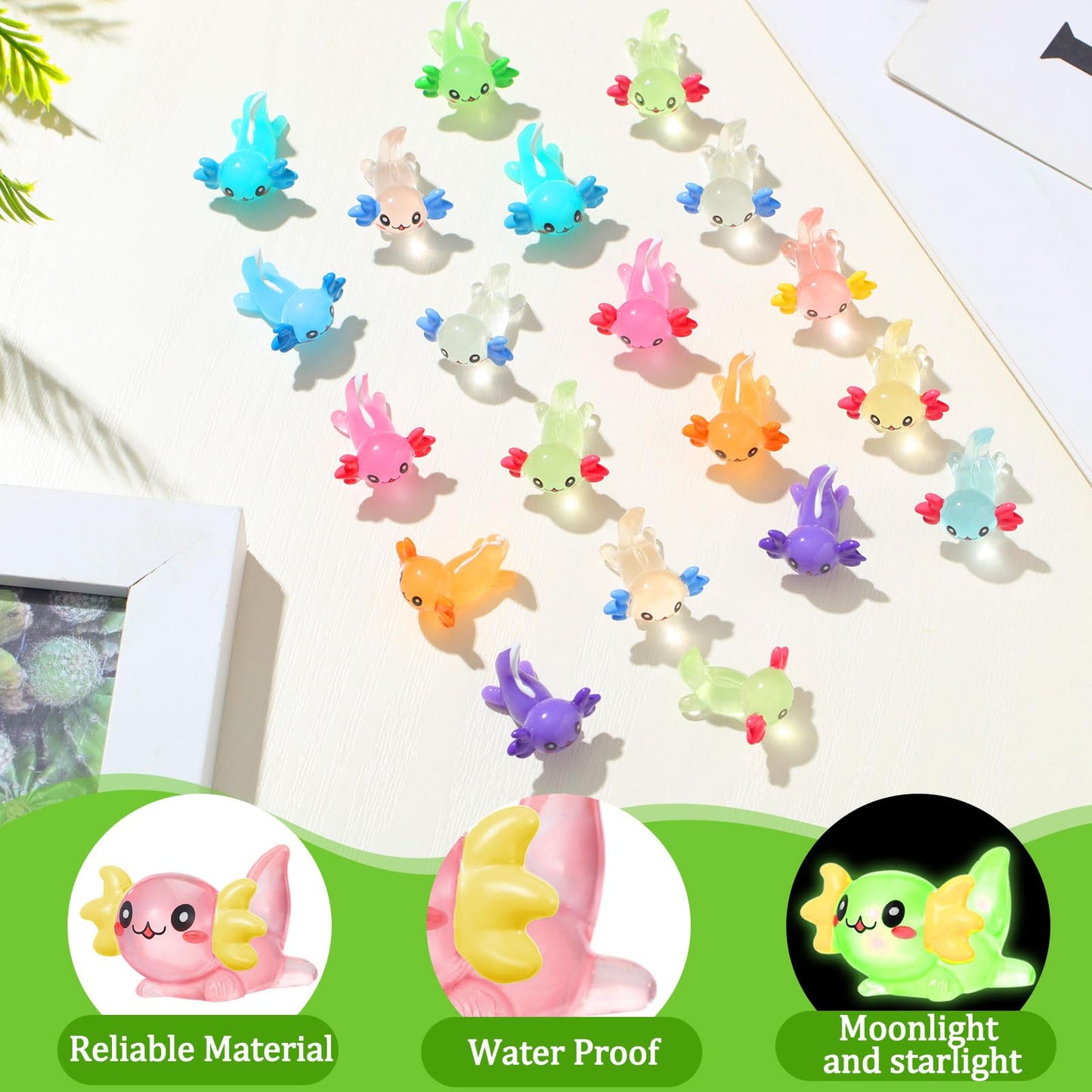 Sonwyoung Mini Axolotl Figures - 49 Pcs, 14 Colors, Glow in the Dark Resin Charms for DIY Garden Dollhouse Decoration