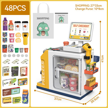 POFJOEQ Cash Register Playset for Kids - 48PCS Pretend Play Money, Calculator, Scanner, Credit Card and Play Food for Boys and G