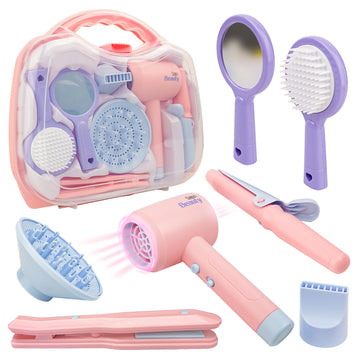 Smilesskiddo Hair Salon Toys For Girls - Pretend Play Hair Styling Toy Set With Realistic Blow Dryer, Hair Straightener And Acce