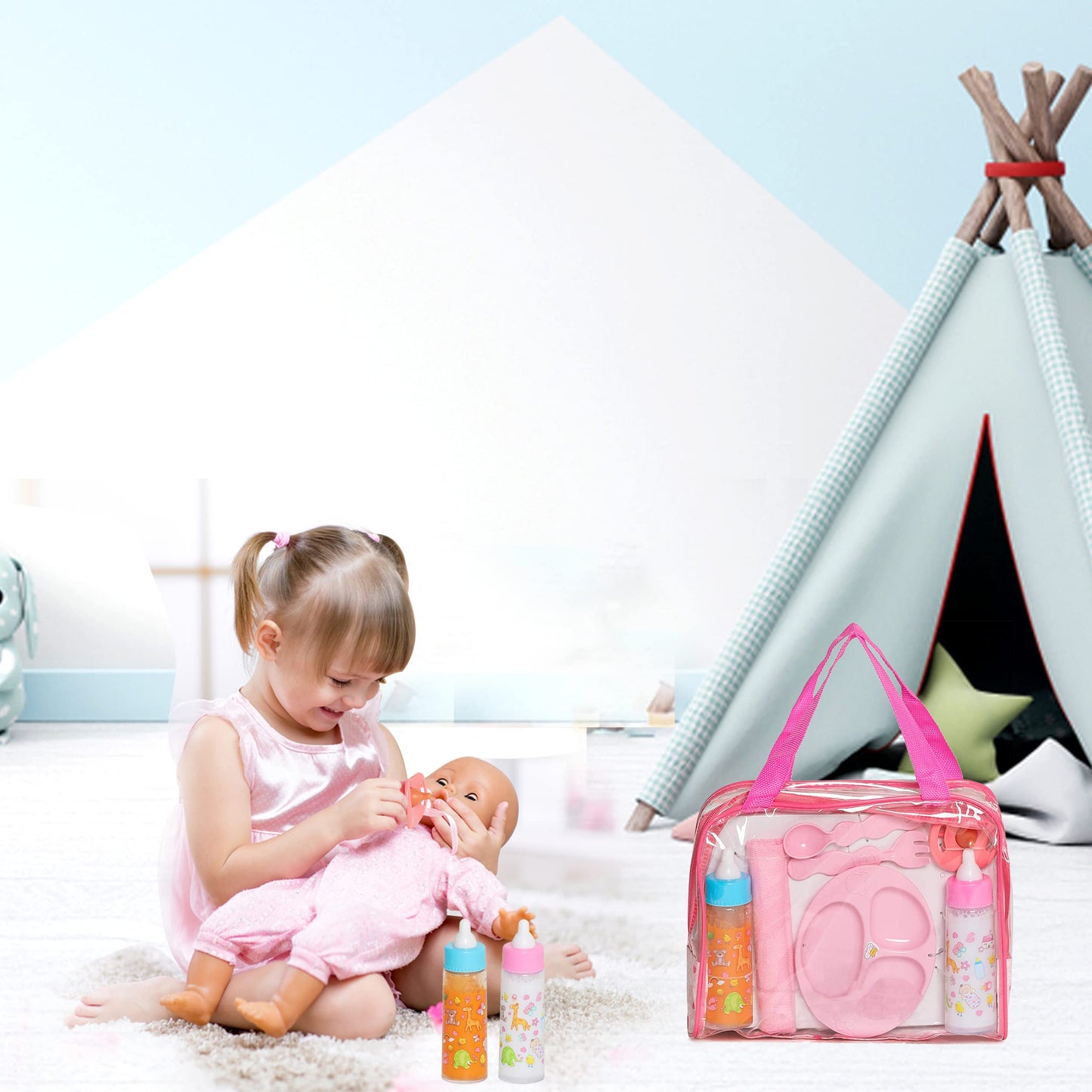 Fash N Kolor,My Sweet Baby Disappearing Doll Feeding Set - Doll Feeding Set | Set Includes 2 Bottles, Doll Diapers, Diaper Bag, Blanket And 2 Pacifier (8 Pc Set)