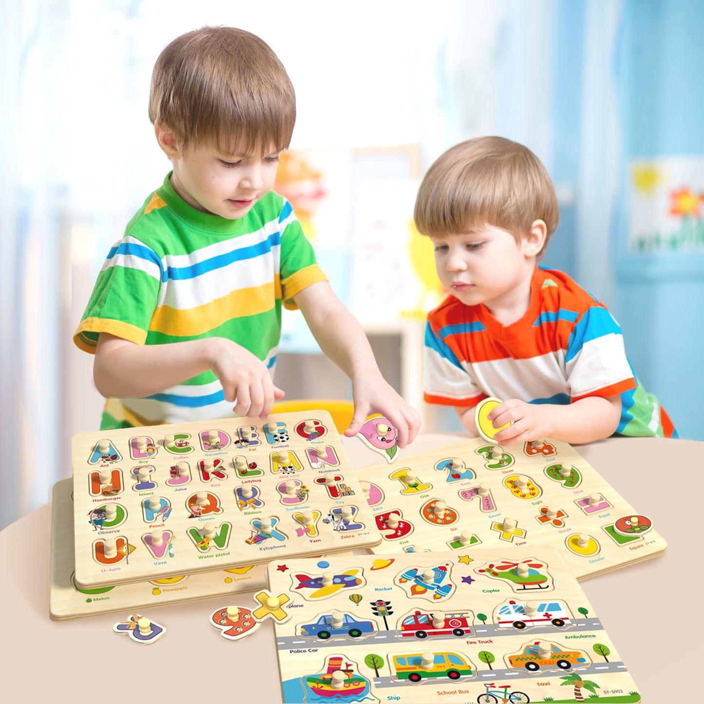 Edutree Wooden Peg Puzzles For Toddlers 1 2 3 4, 6 Pack Educational Peg Puzzles Montessori Toys, Learning Puzzles For Kids Girs