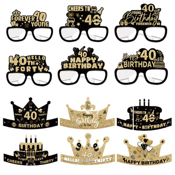 12 Pieces Birthday Decorations Set,40th Stylish Birthday Paper Eyeglasses 40th Birthday Sunglasses Celebratory Birthday Hats Pho