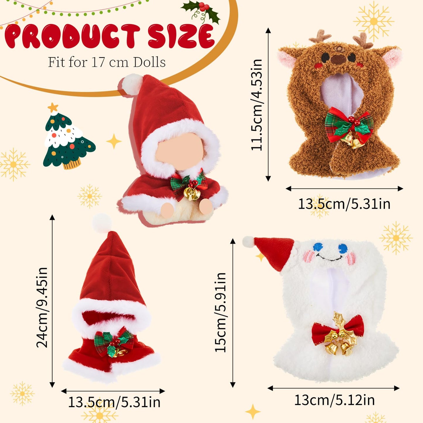 Simgoing 3 Set Christmas 17cm Doll Clothes (No Doll)  Santa Elk Snowman Cape Cute Outfit Clothes Dress up Accessories Suit for Collector Fans Display Toys Gifts
