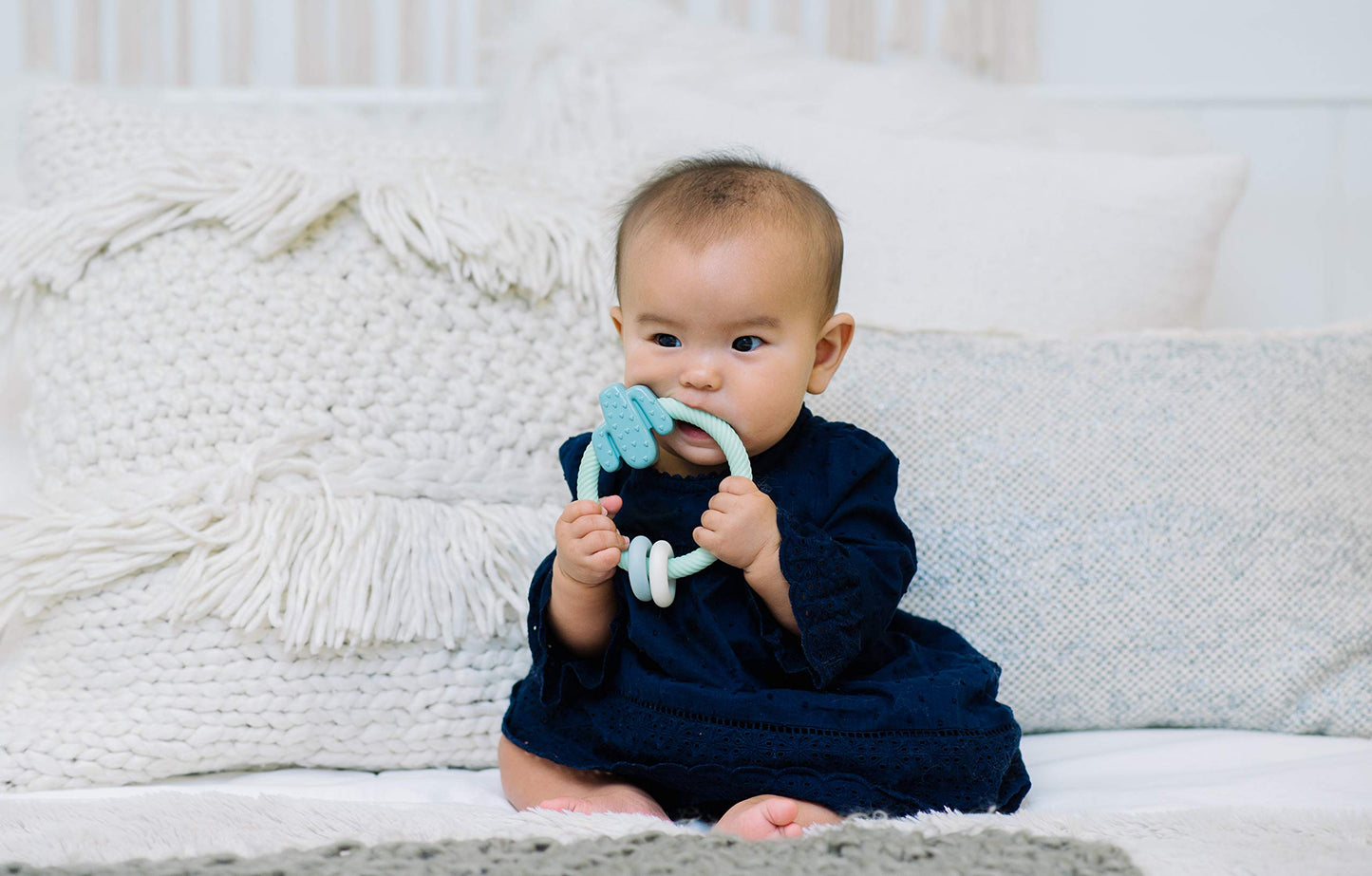 Itzy Ritzy Silicone Teether With Rattle; Rattle Teether Features Rattle Sound, Two Silicone Teething Rings And Raised Texture To