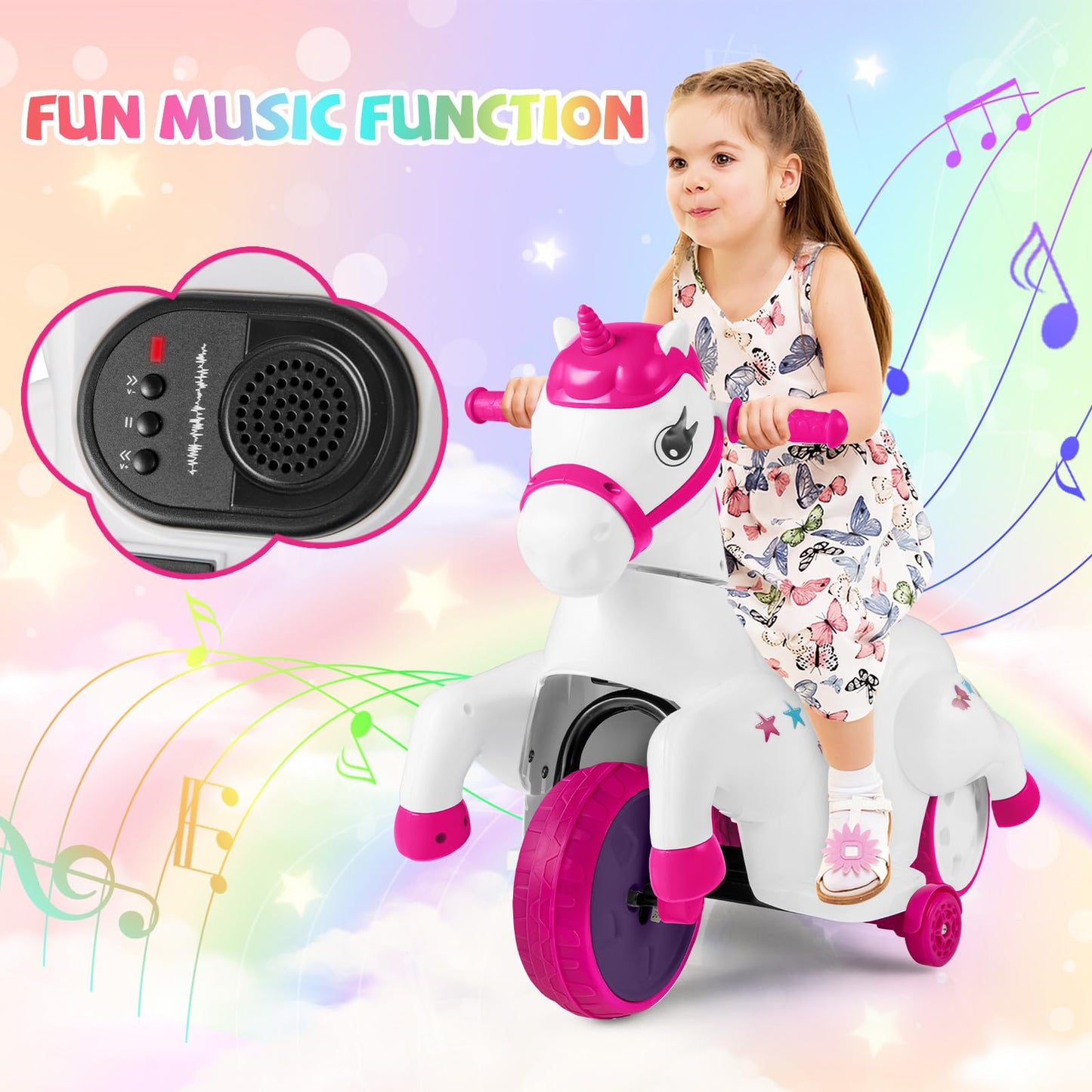 Honey Joy 12V Unicorn Ride On Toys, 3-Wheeler Battery Powered Motorized Ride On Horse W/Training Wheels, Music, Up & Down, Pony