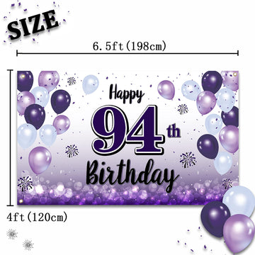 LASKYER Happy 94th Birthday Decorations,94th Purple Balloon Large Birthday Banner Backdrop Sign,94 Years Old Bday Party Supplies