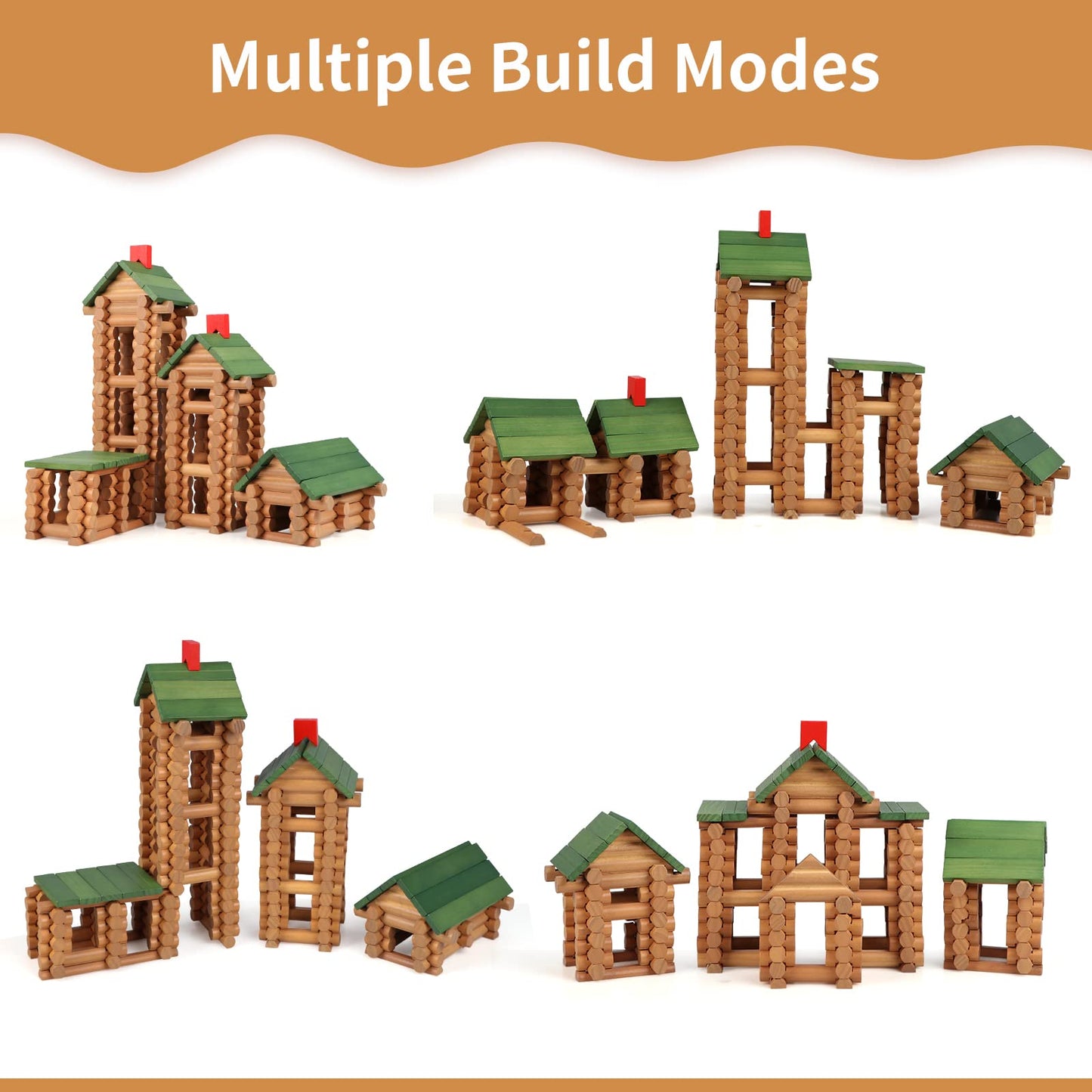 Wondertoys 328 Pcs Wooden Logs Set Ages 3+, Classic Building Log Toys For Kids, Creative Construction Engineering Educational Gi
