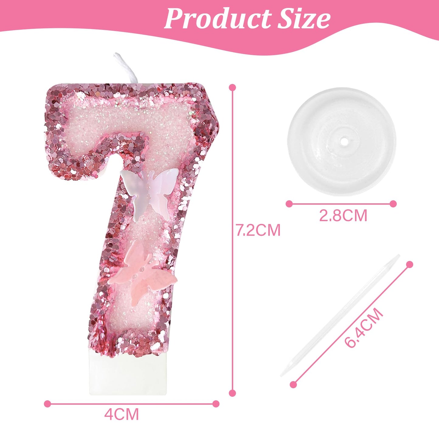 JonesLi 7th Birthday Candles?Glitter Butterfly Cake Toppers Pink Sequins Wedding Numeral Cupcake Decorations?Suitable for Girl a