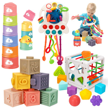 Montessori Baby Toys 6-12-18 Months, Infant Pull String Stacking Cups Shape Sorter Blocks Toy 6 7 8 9 10 11 12 M+ Sensory Development Learning Toy 6-9 9-12 Months Birthday Gift For 1 Year Old Boy Girl