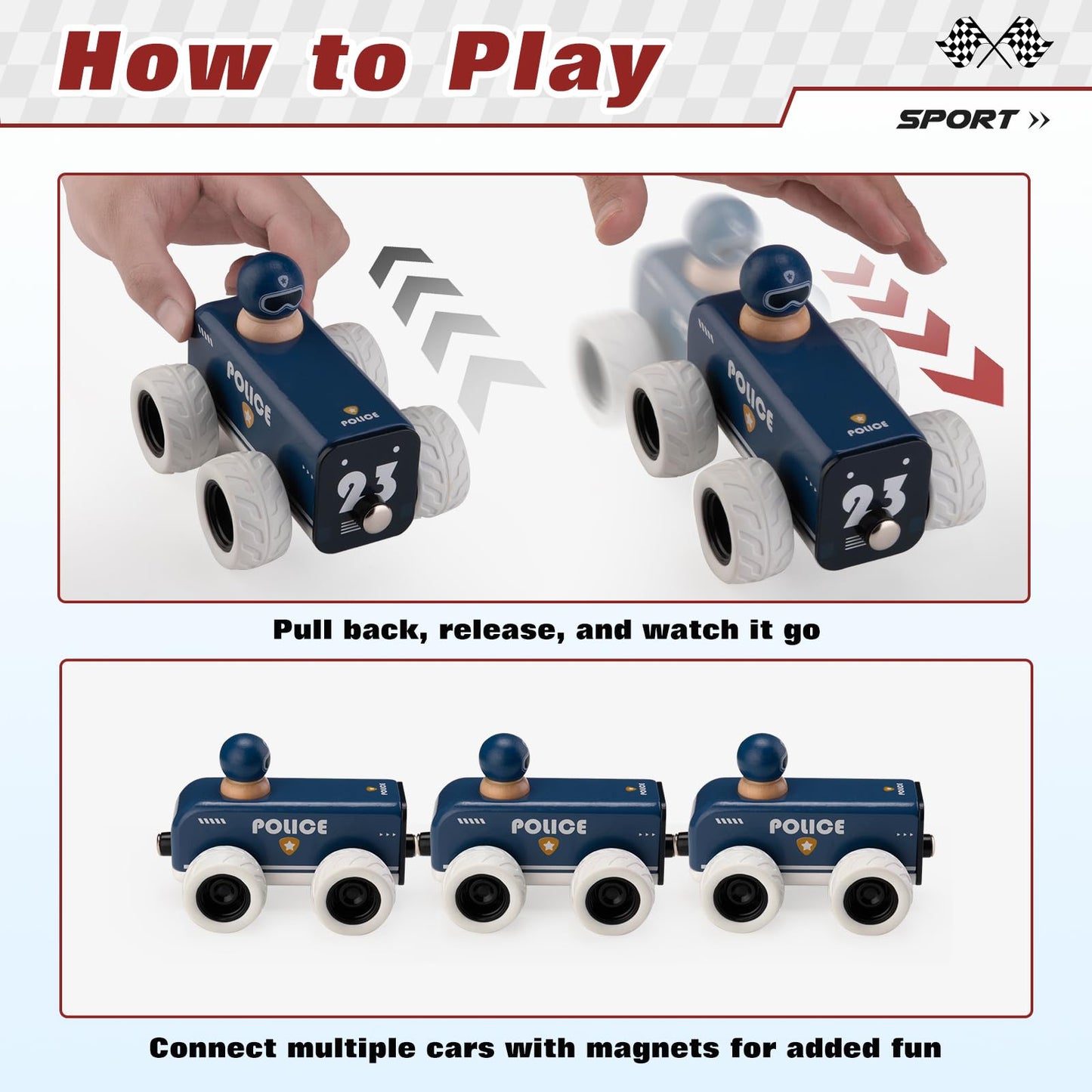 Btb Wooden Pull Back Car,Toy Police Car,Montessori Wooden Toy,Pullback Pull-Back Car,Wooden Vintage Retro Classic Toy Car,Wood T