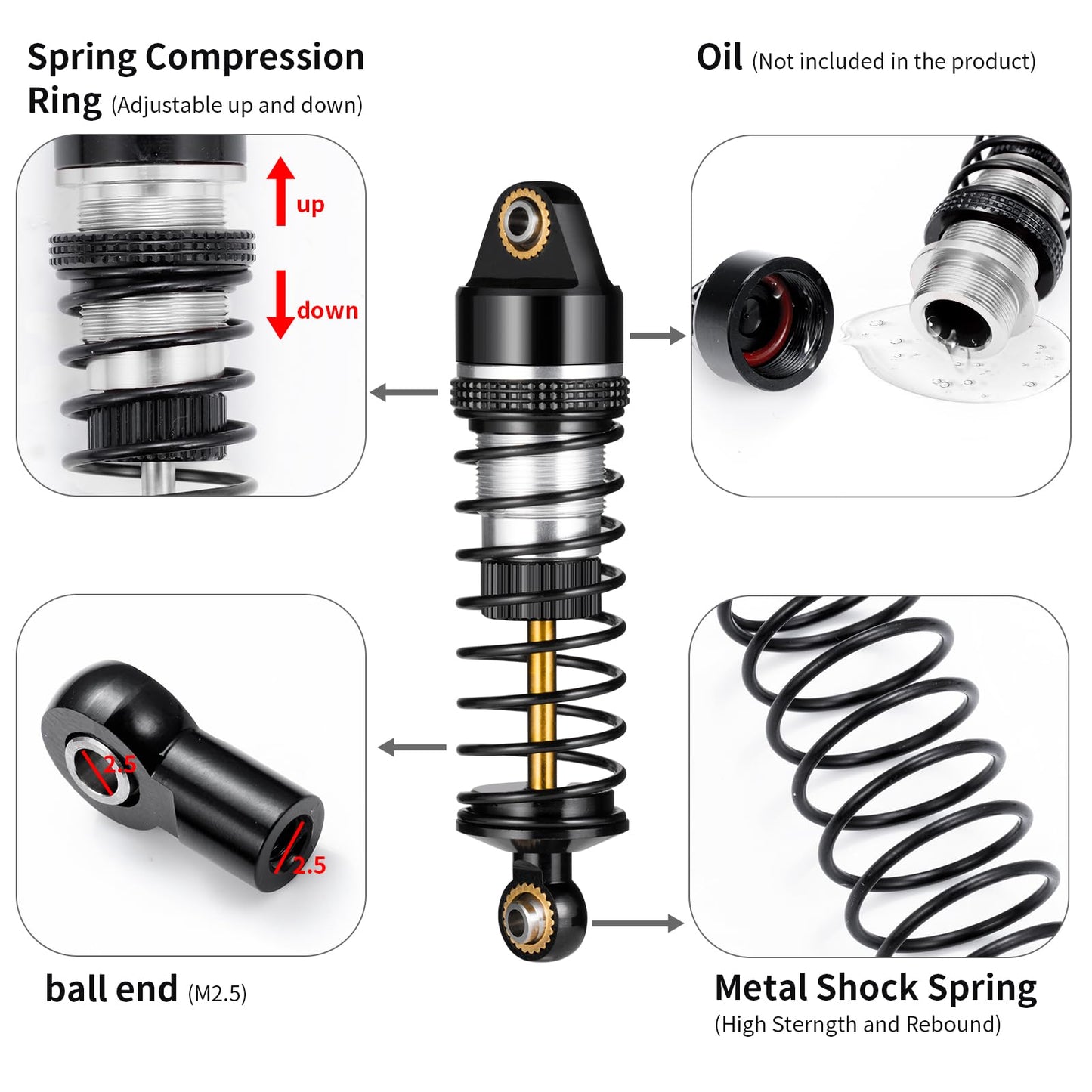 BRKRC Aluminum Front Rear Shocks Absorber RC Damper for Arrma 1/18 Granite Typhon Mojave Grom RC Crawler Upgrade (Black&Silver)