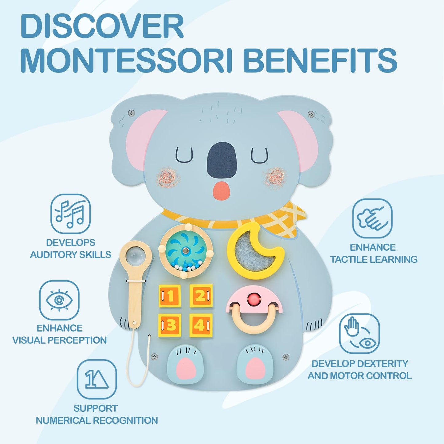 Monlurd Wooden Koala Sensory Wall Toy, Busy Board For Toddlers, Montessori Sensory Wall Panel For Kids, Ideal For Classroom, Pla