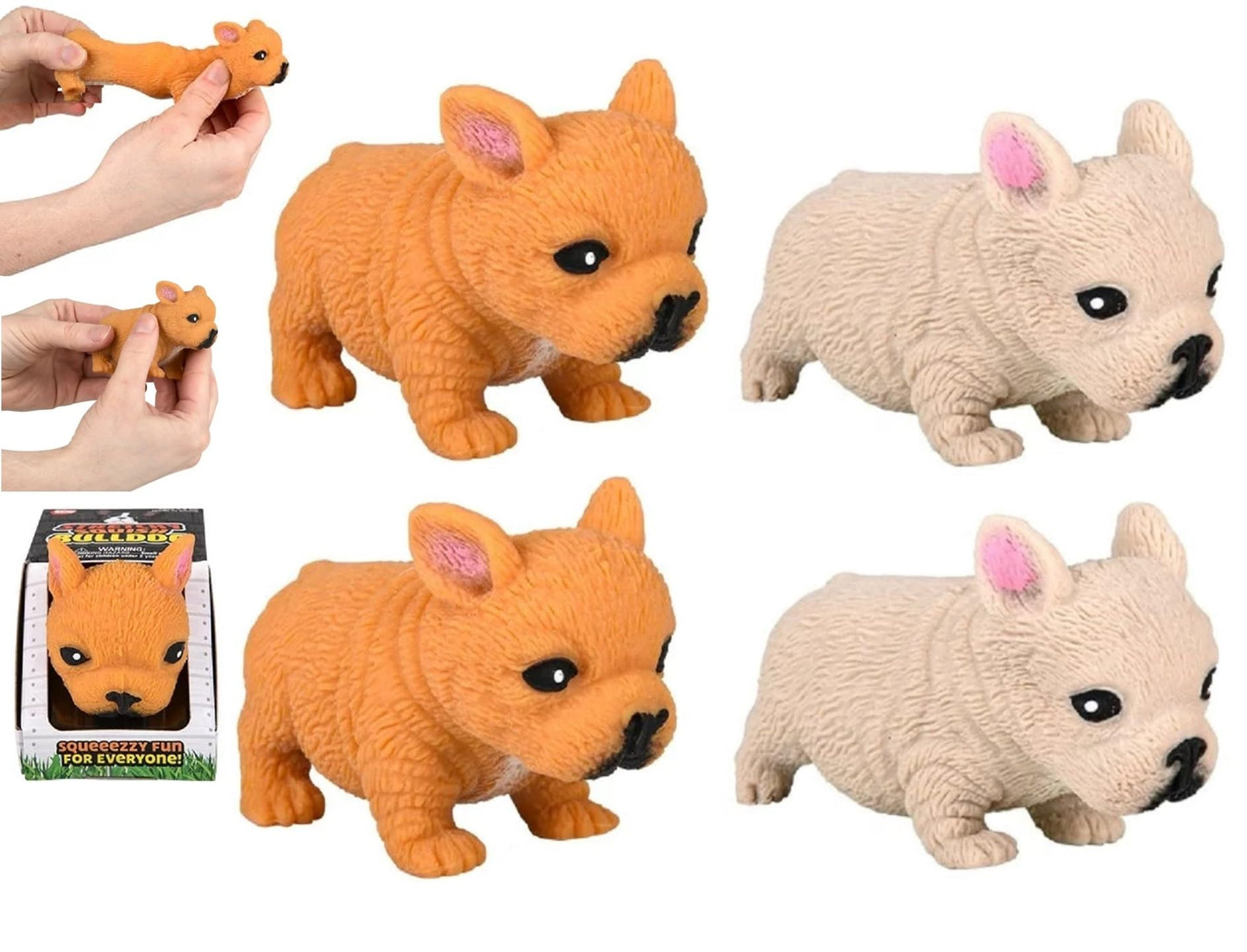 Zugar Land Squishy Stretchy Bulldog (2.5' To 6.5') Rubber Fidget Sensory Toy Filled With Sand. Great Stress Relief Dog Toy For Kids, Adults And Pets. (4 Bulldogs - Tan & Brown Color)