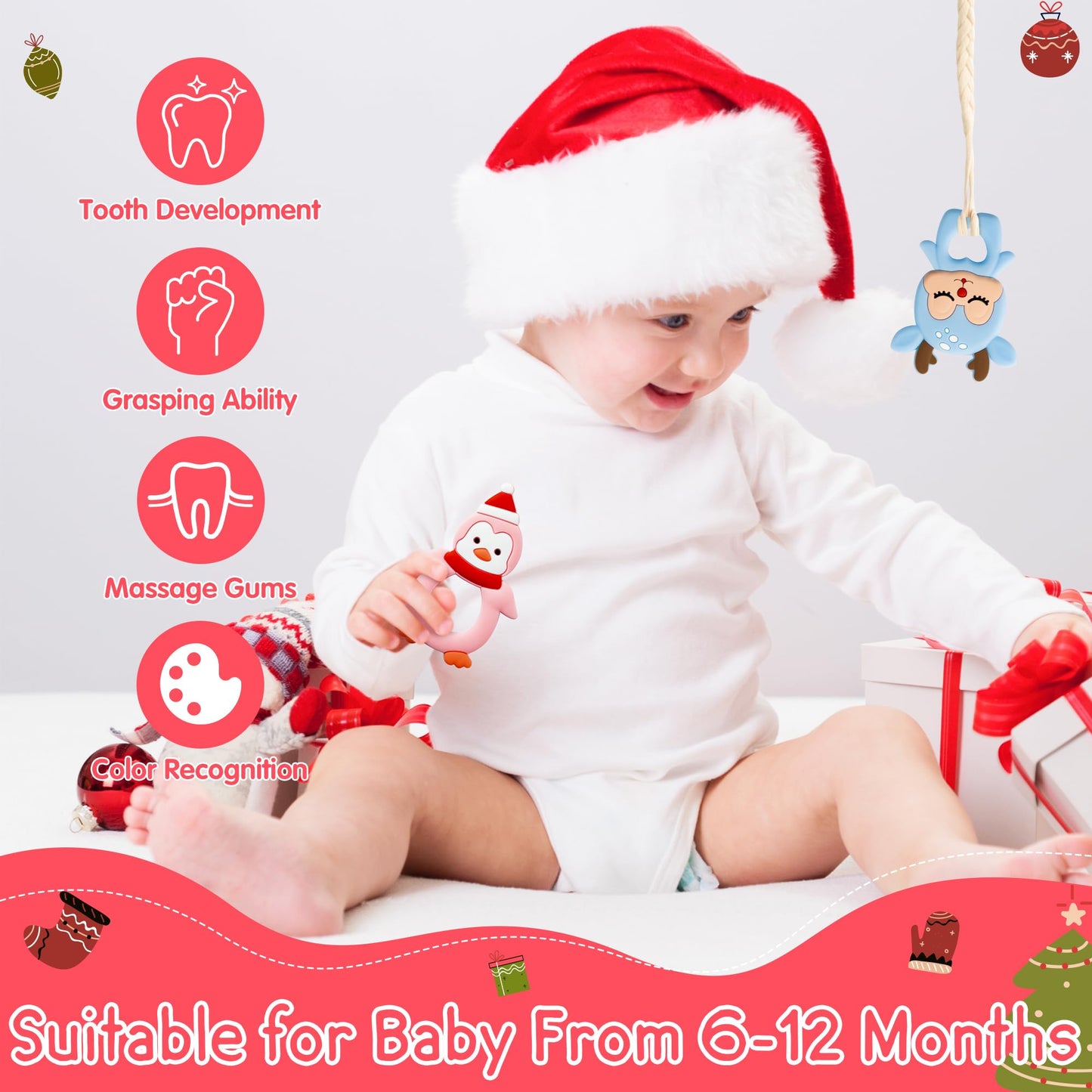 Christmas Silicone Teether for Babies - 2ooya 3Pcs Santa Penguin Deer Soothe Teething Chew Toy Infant Toddler Sore Gums Relief Teether Toy The First Christmas Gift Baby Shower for Newborn Boy Girl