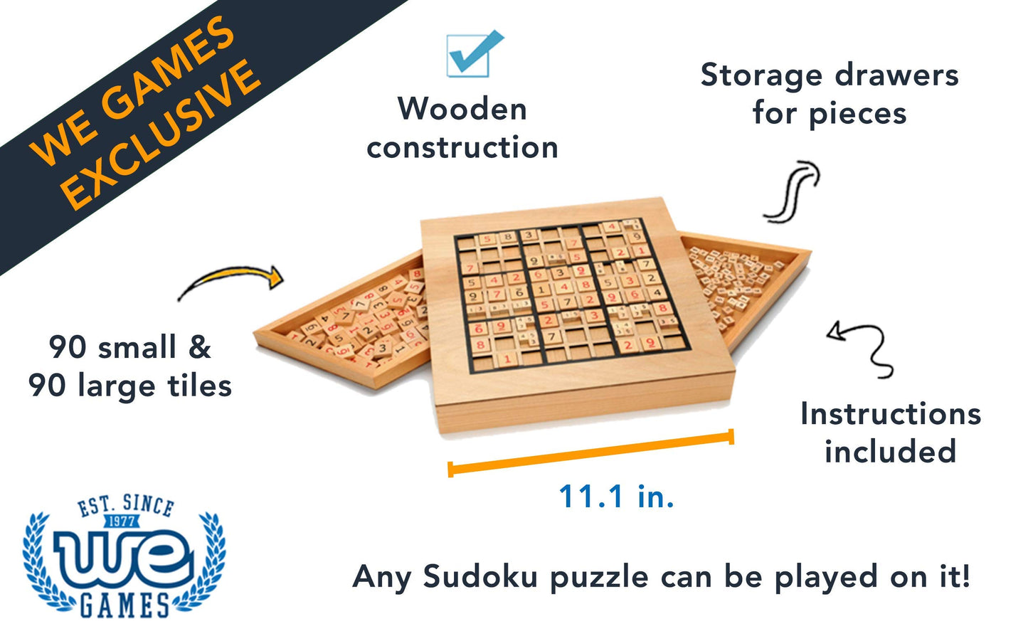 We Games Wooden Sudoku Puzzle Board Game With Number & Thinking Tiles - 11 In