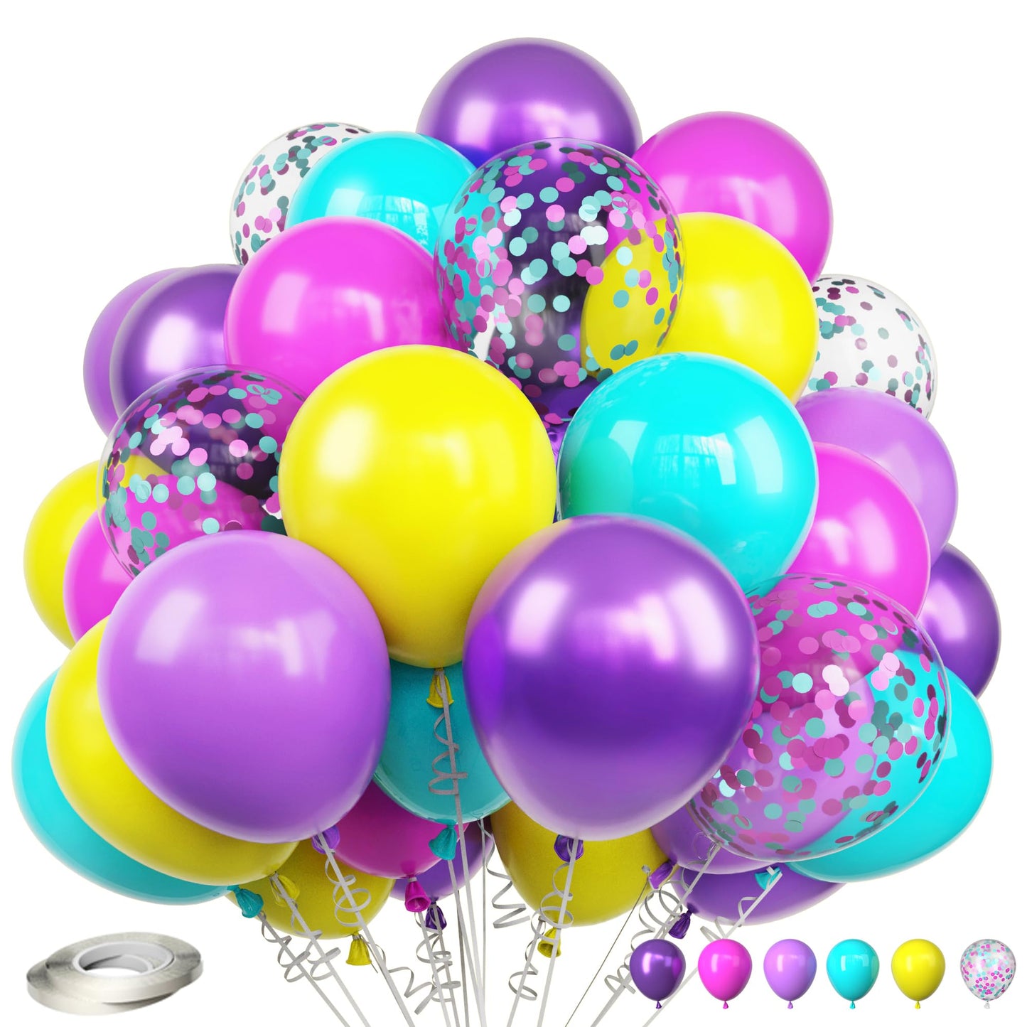 Pink Blue Purple Balloons, 12 Inches Hot Pink Purple Teal Yellow Metallic Balloons Confetti Balloons For Birthday Easter Mermaid