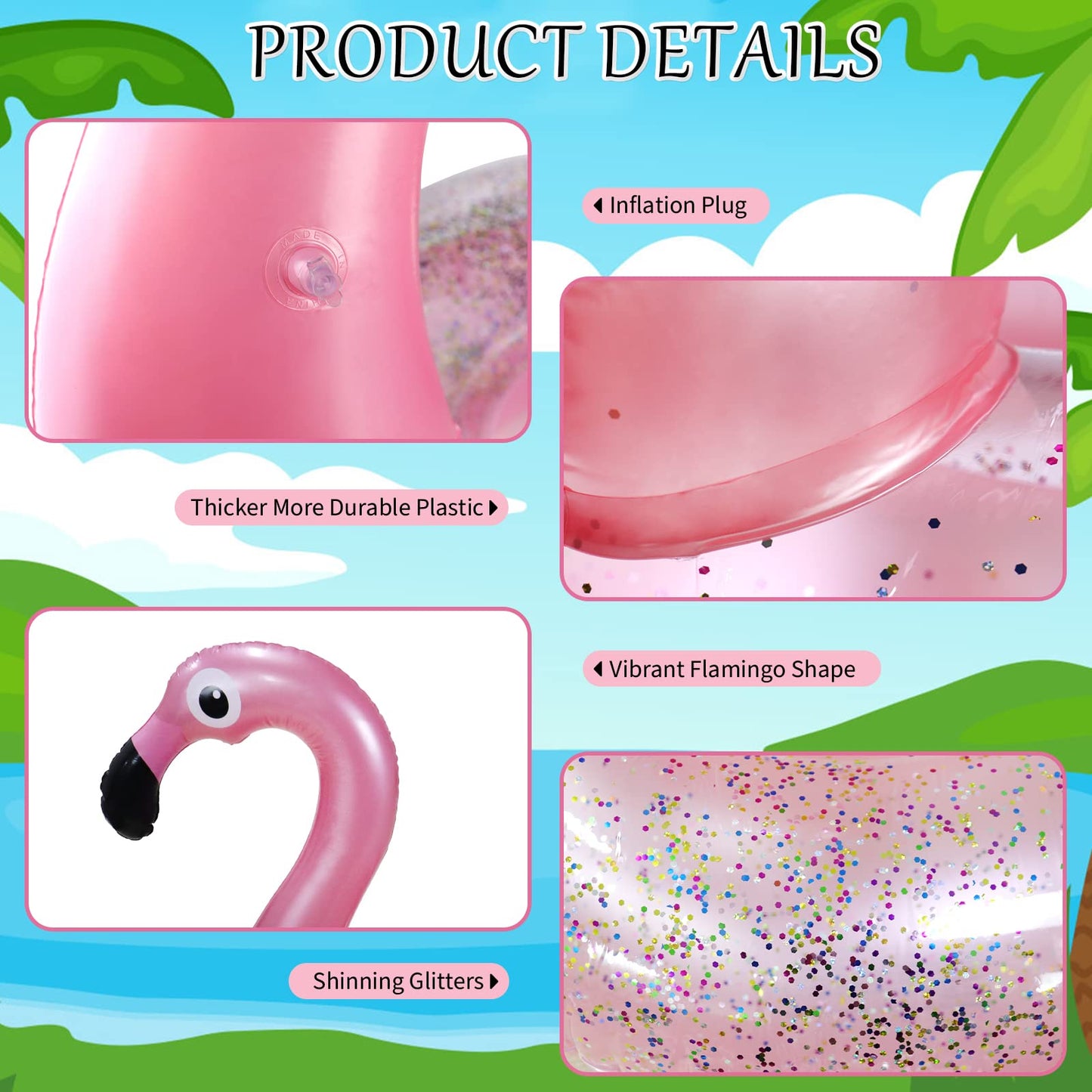 2PCS Flamingo Inflatable Pool Floats mature-themed Kids  Glitters Translucent Inflatable Pool Float for Kids Ages 6+  Fun Beach Floaties Summer Water Party Supplies(2 Size)