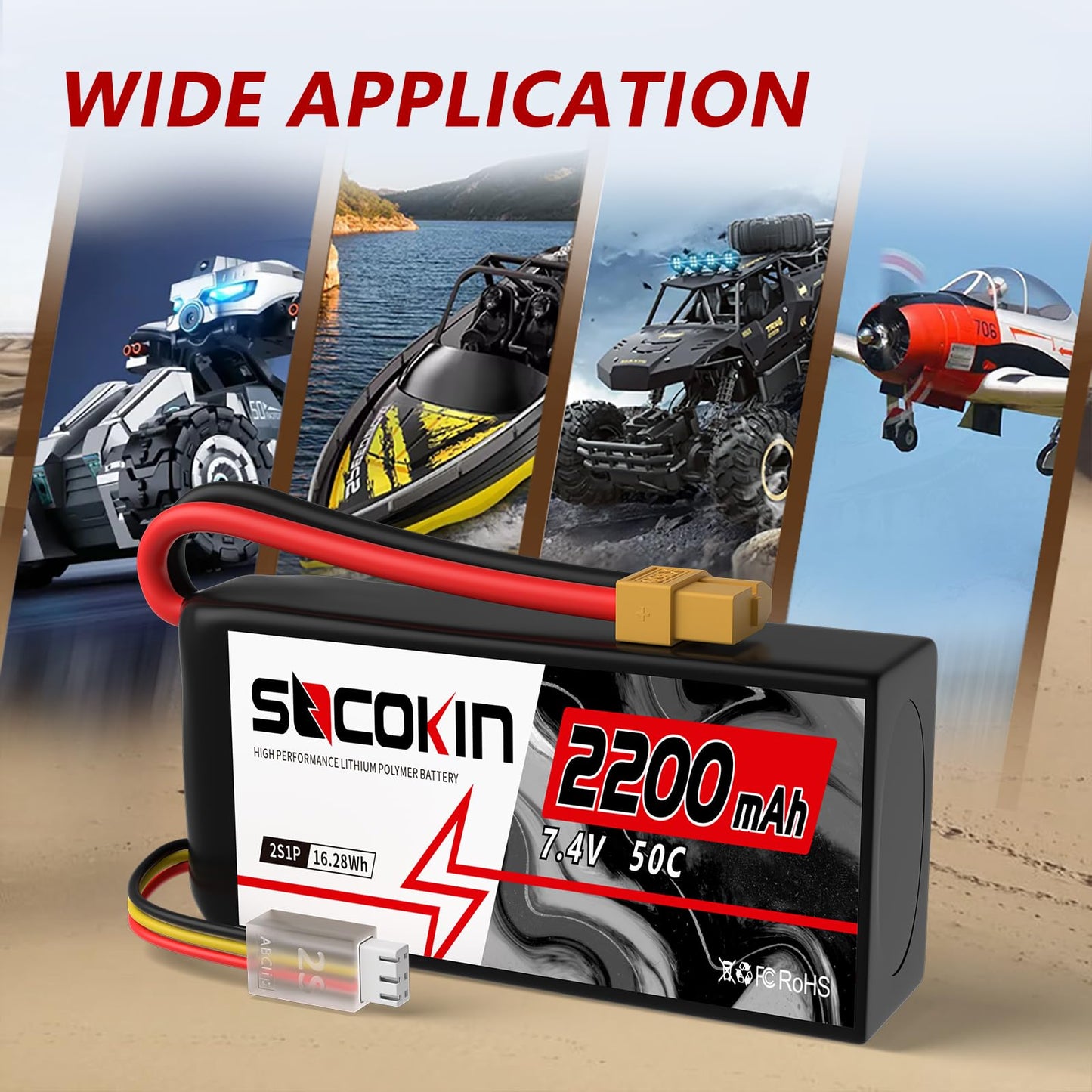 Socokin 2S Lipo Battery 7.4V 2200mAh 50C with XT60 Connector - Soft Case (2 Pack) for RC Cars, Trucks, Drones,