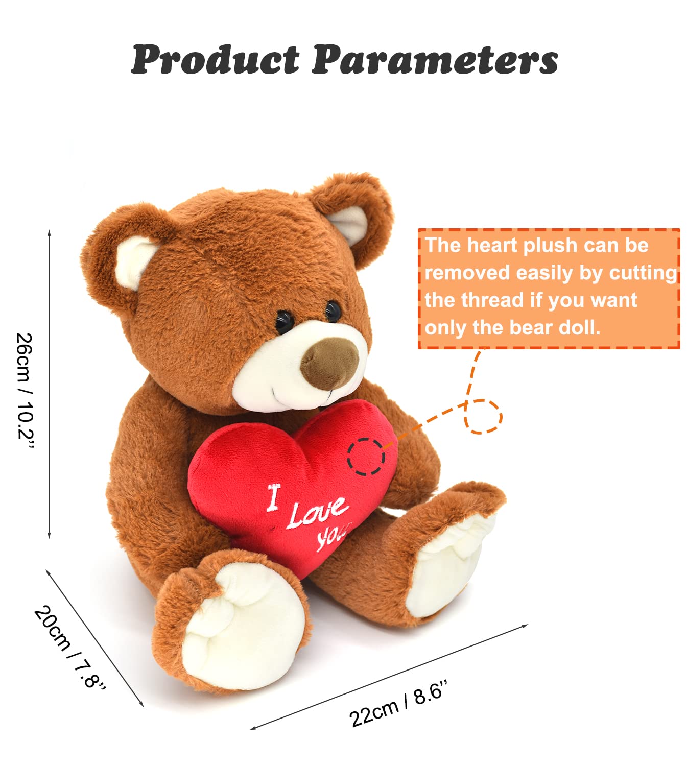 HWD 10'' Teddy Bear - Soft Plush Doll with Red Heart, Brown - Gifts for Her/Girlfriend/Mom/Kids, Model QRJ023X
