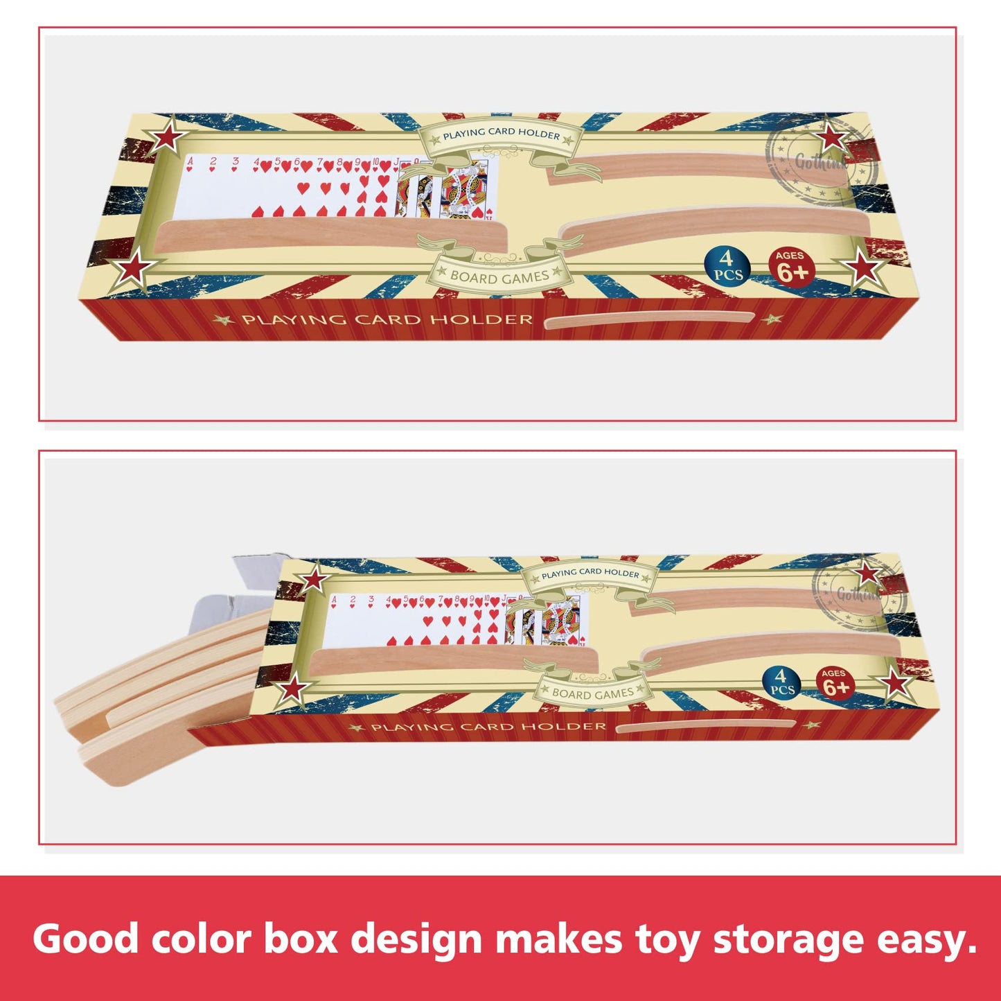 GOTHINK Set of 4 - Wood Curved Playing Card Holder for Kids mature-themed Seniors Solid Wood Cards Holders for Playing Cards 13.4 x1.4 x 0.5 Inch Non Slip Card Deck for Bridge Canasta Strategy Card Games