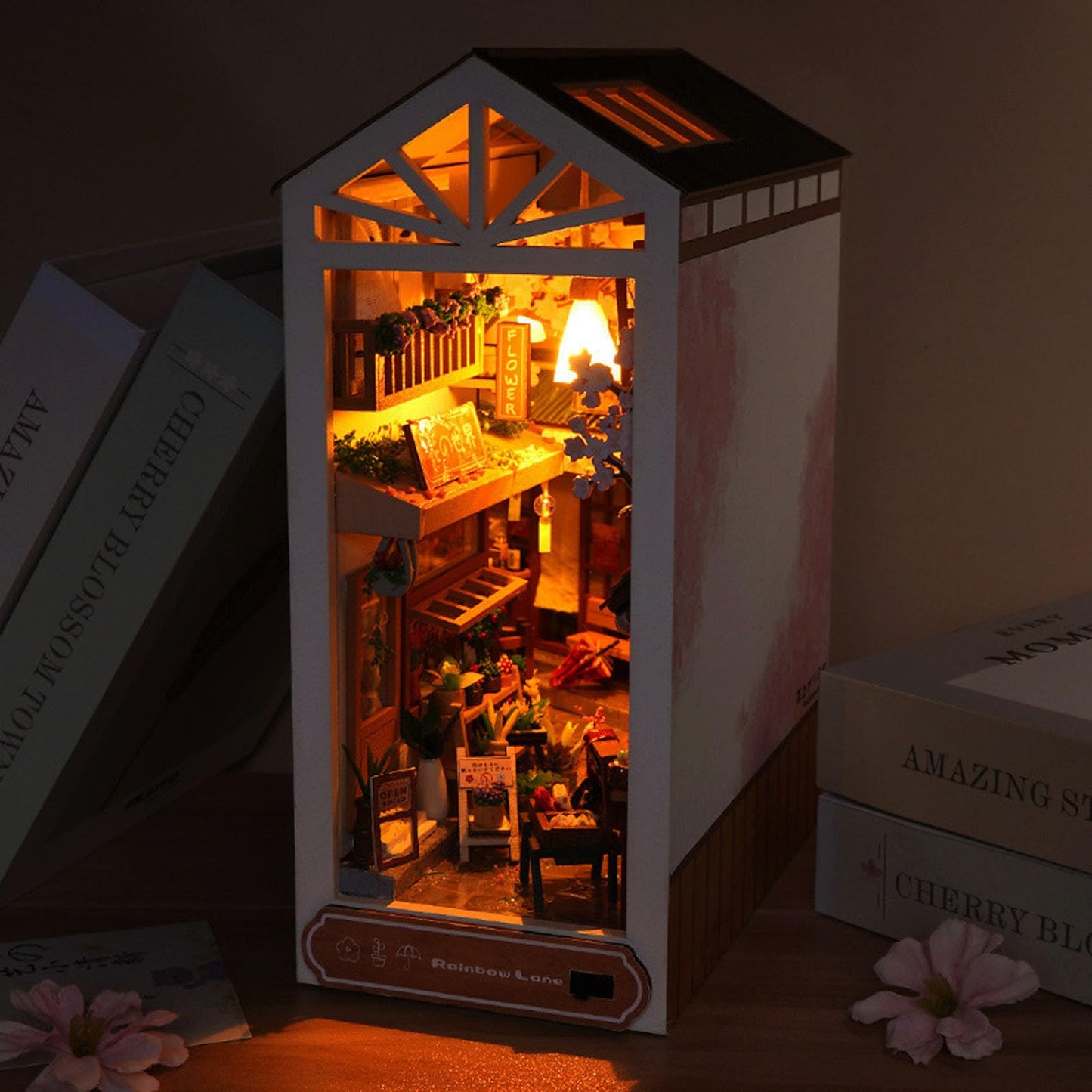 Book Nook Kit, Bookshelf Insert Decor Alley 3D Wooden Puzzle Bookshelf Insert Decorative Bookend Model Kits With Led, Diy Miniat