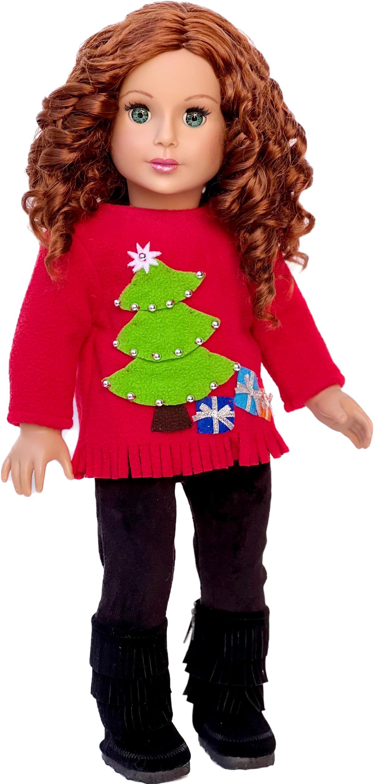 Christmas Sweater - 3 Piece Outfit - Clothes Fits 18 Inch Doll - Red Sweater, Black Pants And Boots. (Doll Not Included)