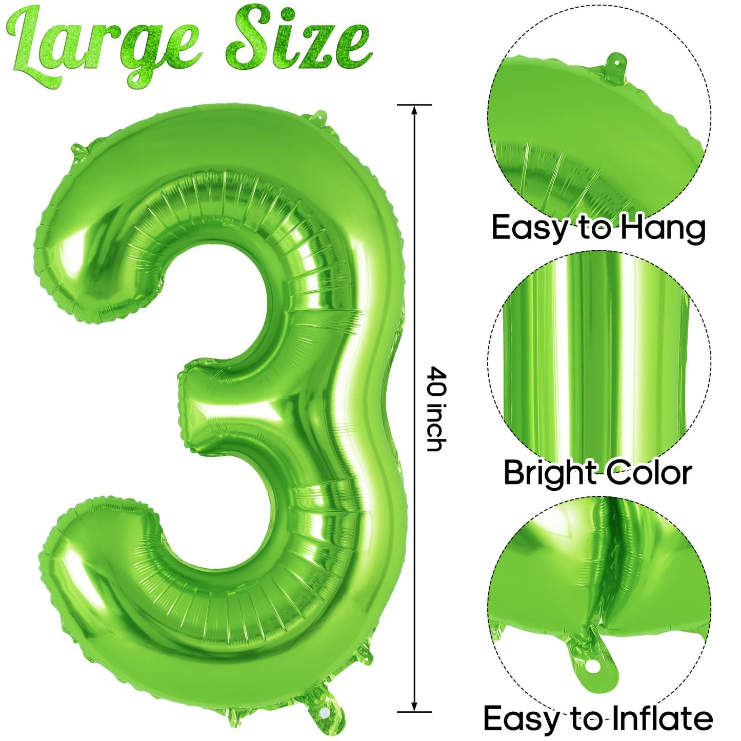 Green Number 3 Balloon 40 Inch, Big Large Foil Helium Number Balloons, Jumbo Giant Mylar Number 3 Balloons For 3 Third Birthday
