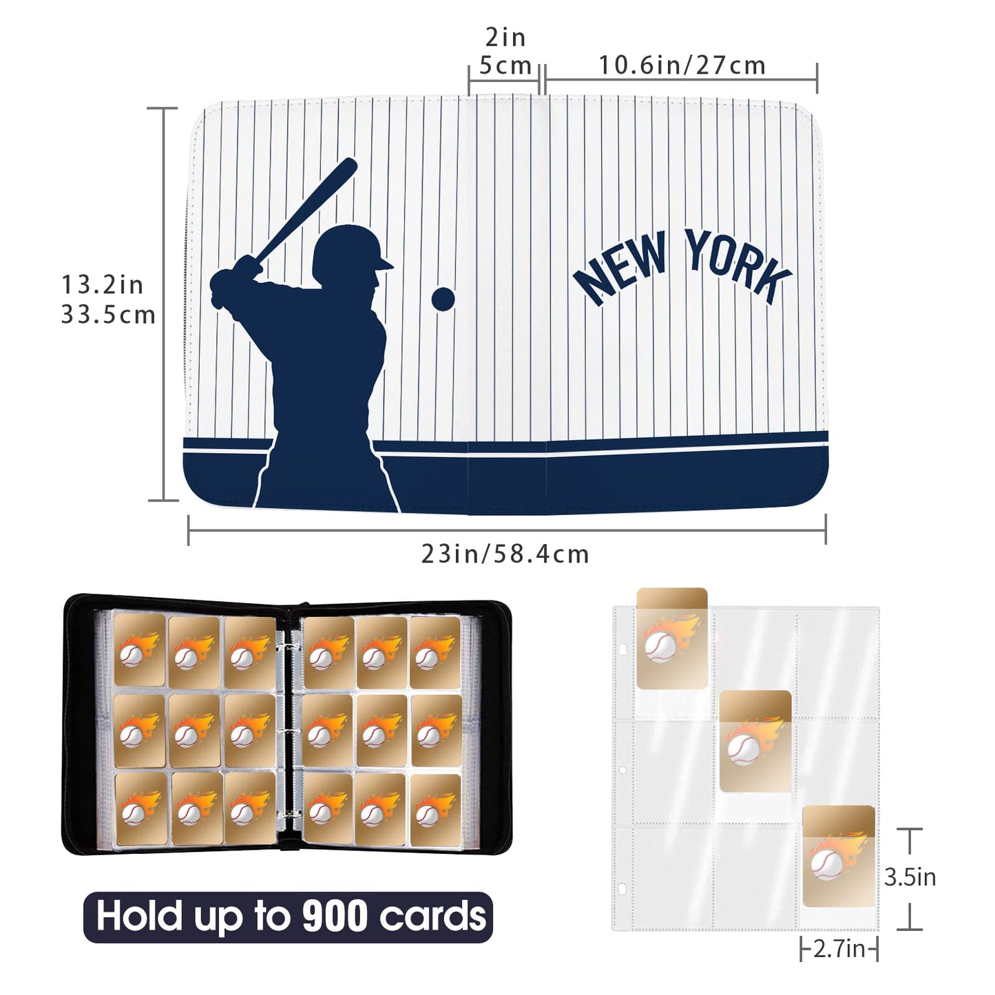 Kivolfun Baseball Card Binder With Sleeves, 900 Pocket, White, New York, 3 Ring, For Collectible Cards, Gift