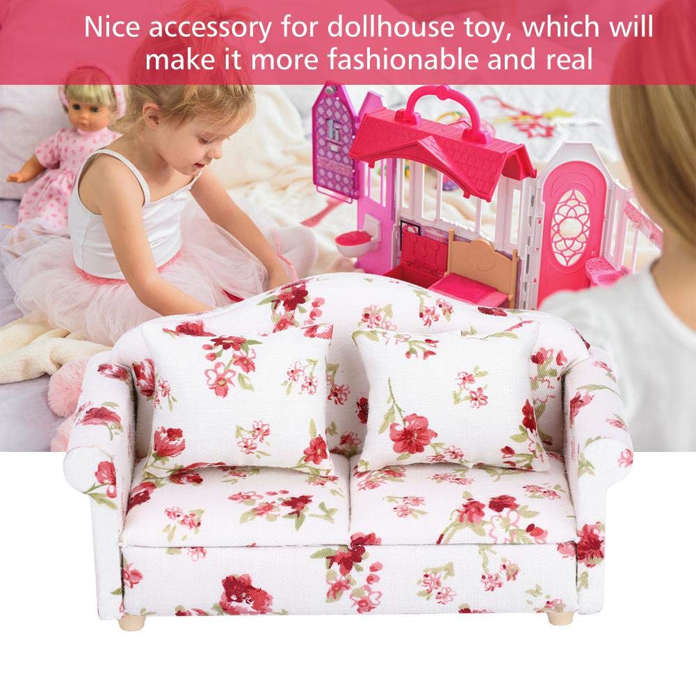 Mini Dollhouse Sofa, 1/12 Scale Dolls House Furniture Couch Flower Pattern Mini Furniture Sofa Set With Back Cushions(#1)