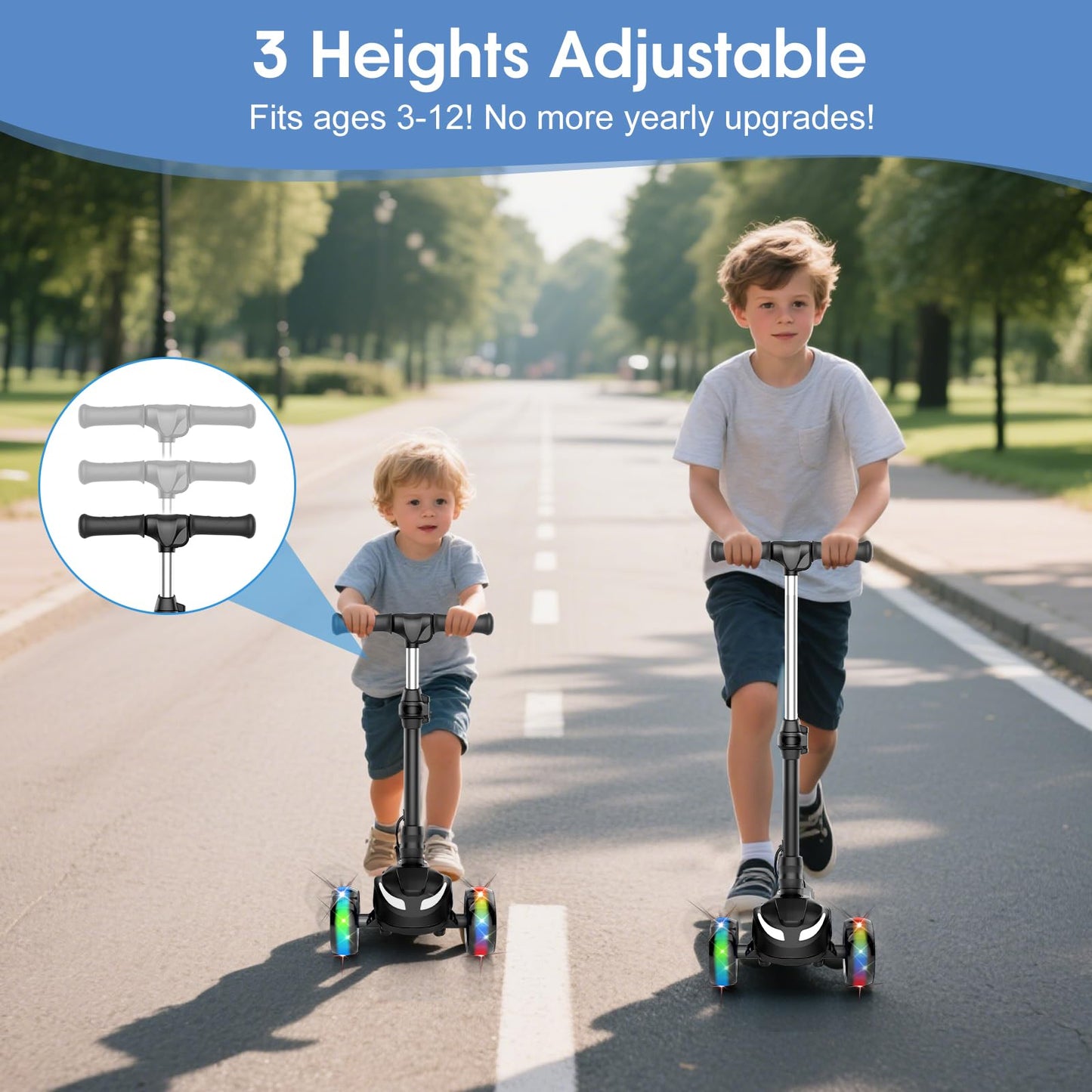 Electric Scooter for Kids Ages 3-12, 3-Wheel Electric Scooter, Electric Kick Scooter with 2 Speed, Long Battery Life, Bluetooth