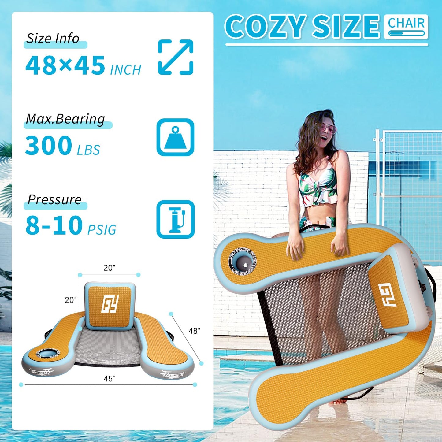 Inflatable Pool Floats mature-themed | 20-80Adjustable Backrest | Built-in Cup Holder | 12mm EVA Soft Foam | Mesh Seat Surface | Pool Lounger Float | Floating Chairs for Lakes  Pools  Boats | 1 Chair
