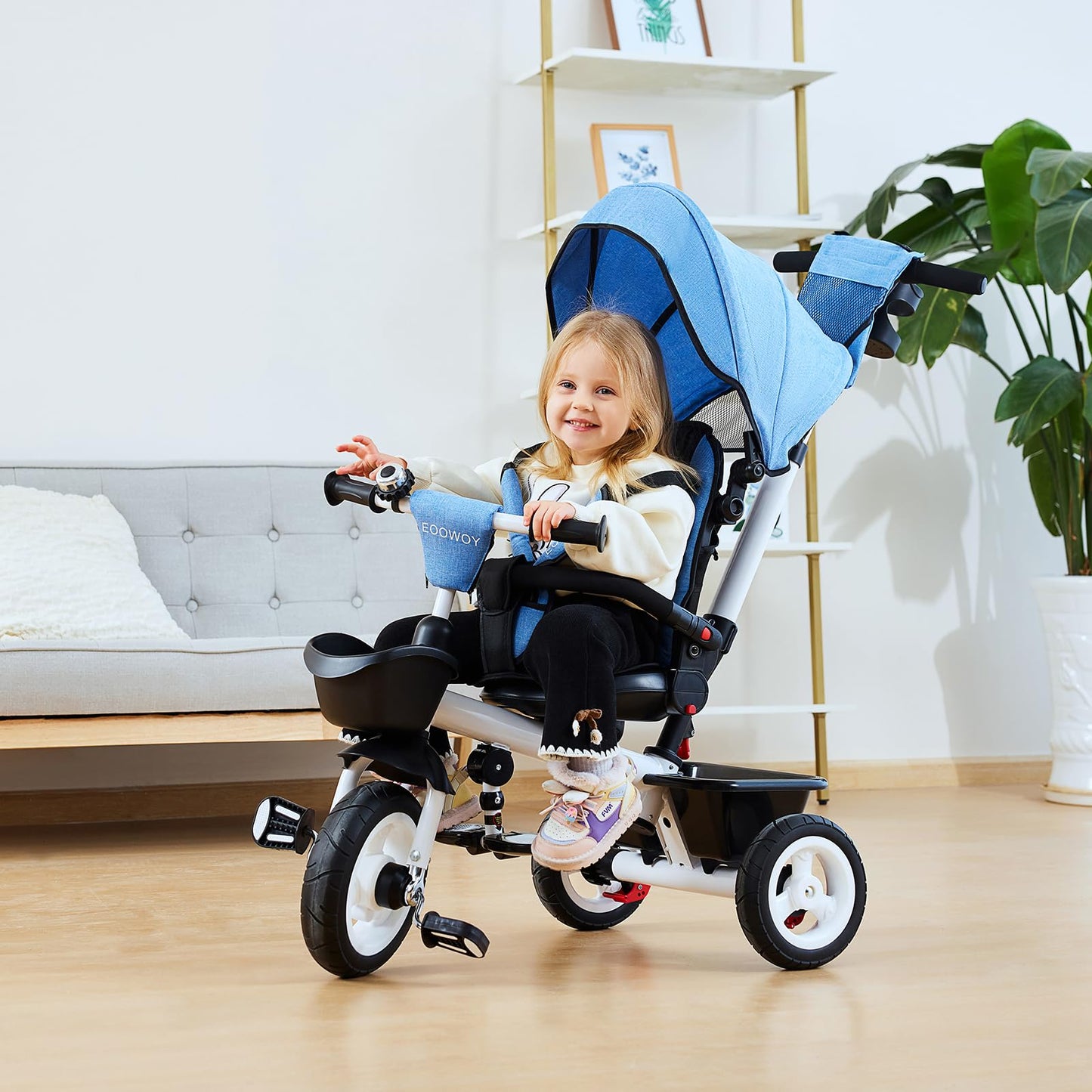 EOOWOY Baby Trike, 6-in-1 Kids Tricycle with Adjustable Push Handle, Removable Canopy, Safety Harness for 18 Months - 5 Year Old
