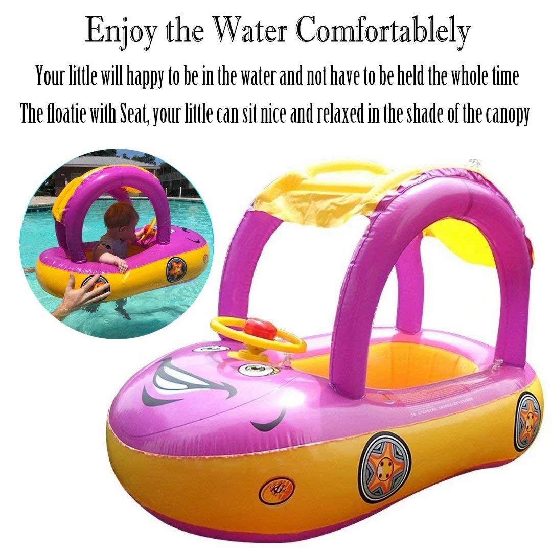 Baby Pool Float With Canopy Summer Steering Wheel Sunshade Swim Ring Car Inflatable Toys Infants Float Seat Boat For Kids Toddle