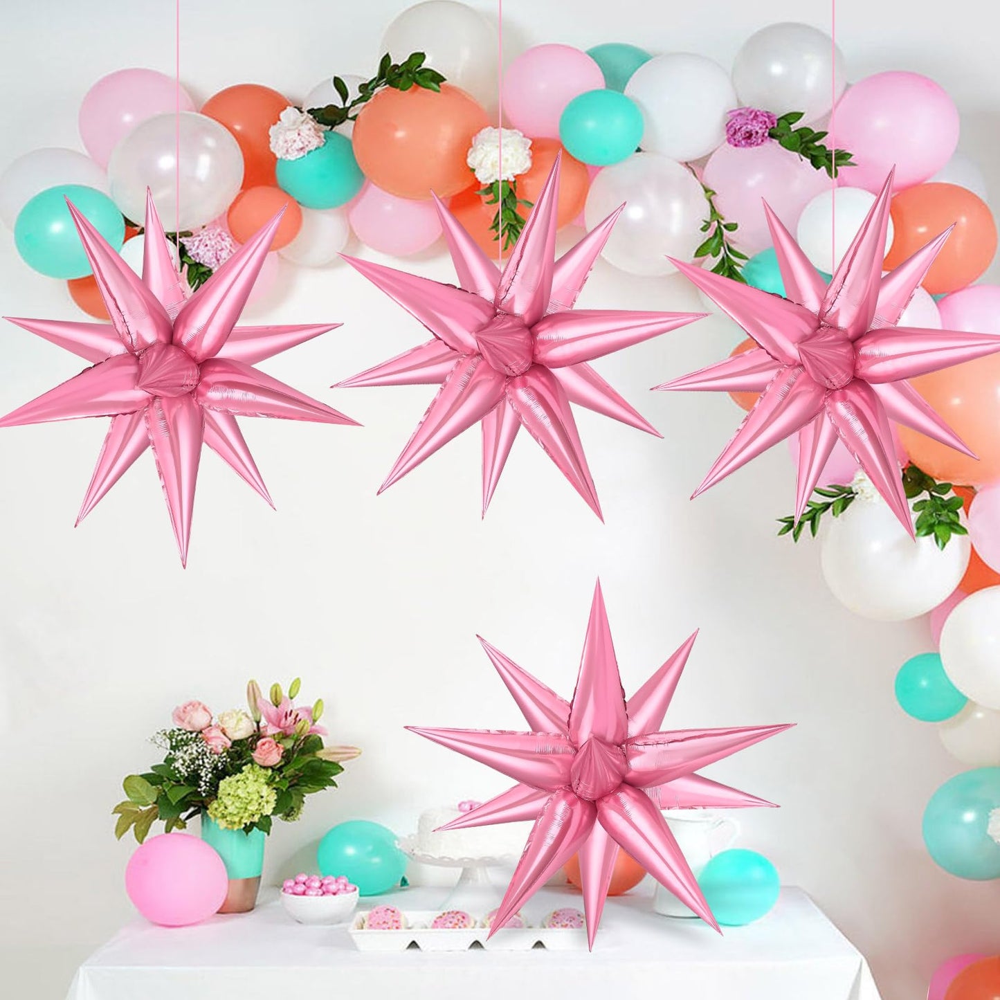 72 Pcs Pearl Pink Star Balloons - 26 Inch Explosion Starburst Foil Cone Balloons, 12 Point Large Balloons For Wedding Birthday B