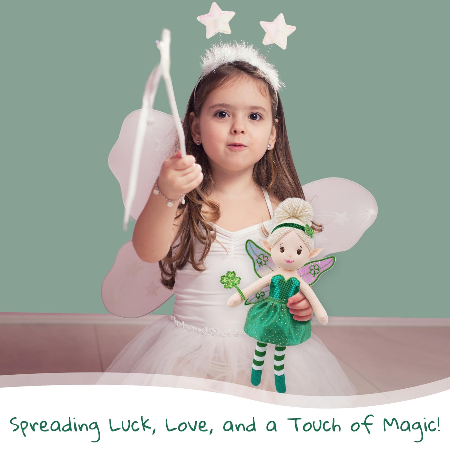 June Garden 12'' Enchanted Garden Fairy Doll Clover - Plush Stuffed Soft Doll Girl Gift - Green Outfit And Wings
