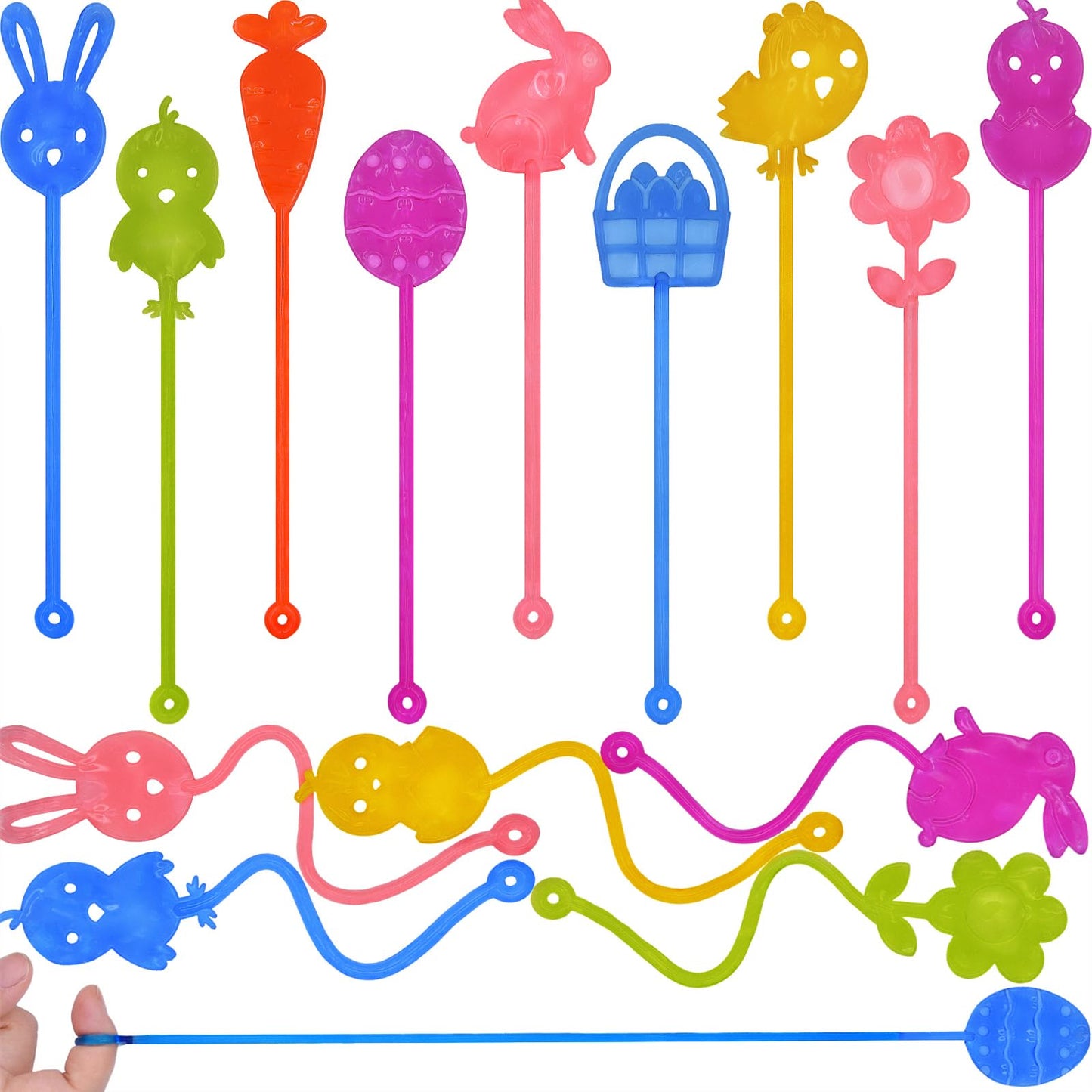 Howzcci 36 Pack Easter Sticky Hands Toys Easter Egg Bunny Chick Carrot Flower Basket Sticky Stretchy Toys for Kids Girls Boys Ea