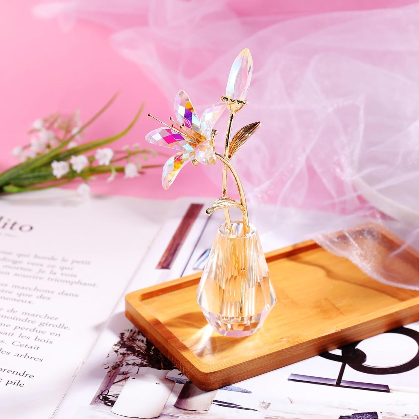 Clear Crystal Lily Flower Figurine With Stems - Handmade Collectible Statue For Decoration Mothers Day Centerpiece Valentines Day Bridal Shower Gift