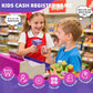 HYES Kids Cash Register Toys, Rechargeable Wooden Toddler Pretend Play Supermarket & Fast Food Restaurant, Cashier Toy with Play