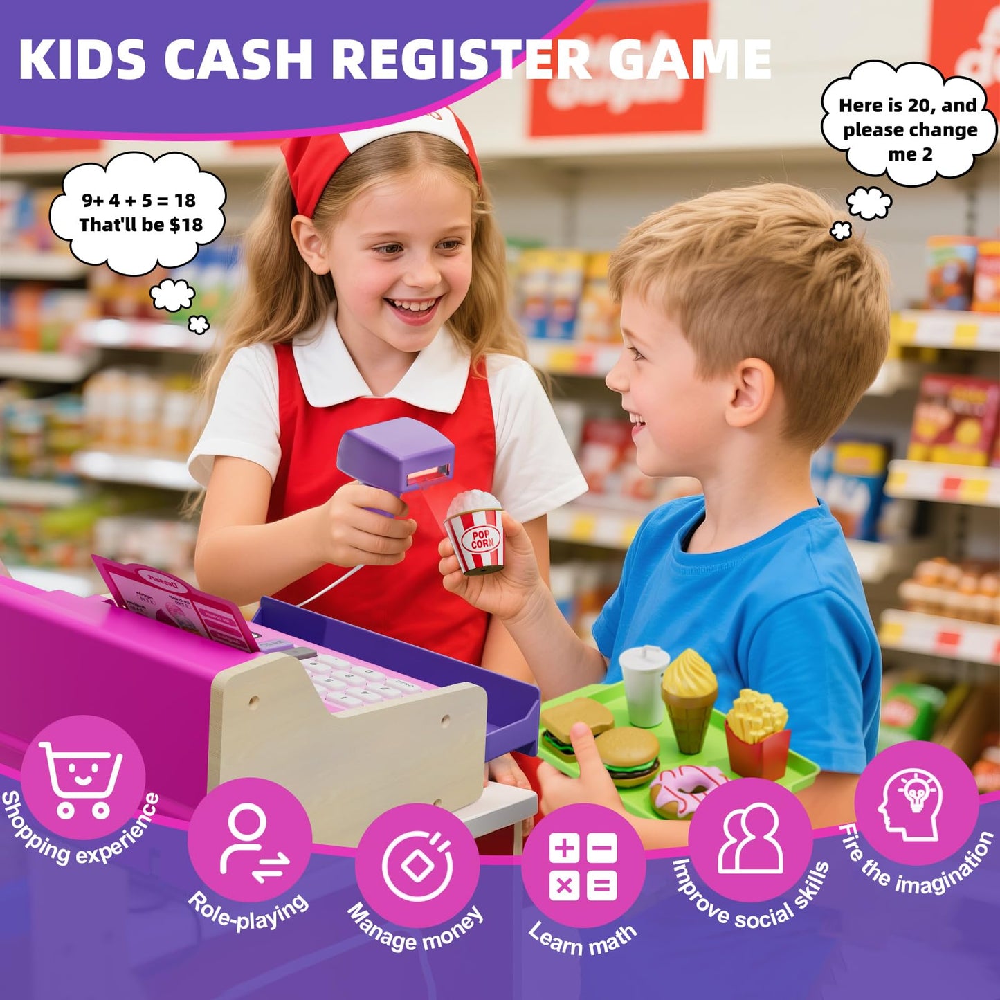 HYES Kids Cash Register Toys, Rechargeable Wooden Toddler Pretend Play Supermarket & Fast Food Restaurant, Cashier Toy with Play