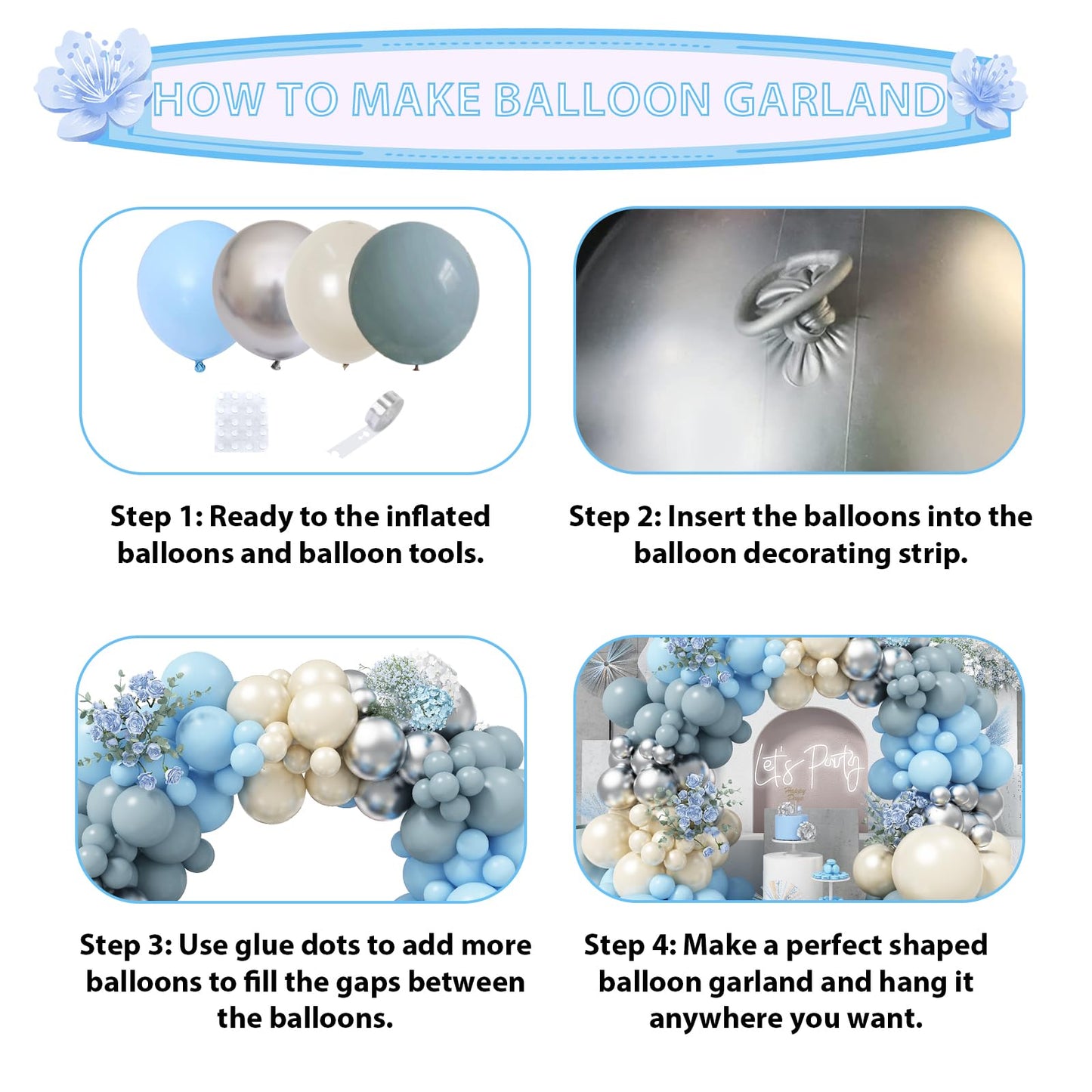 Dusty Blue Balloon Arch Kit, 125 Pcs Light Blue Pearl Sand White Balloon Garland Mit Baby Powder Slate Blue Balloons, Metallic S