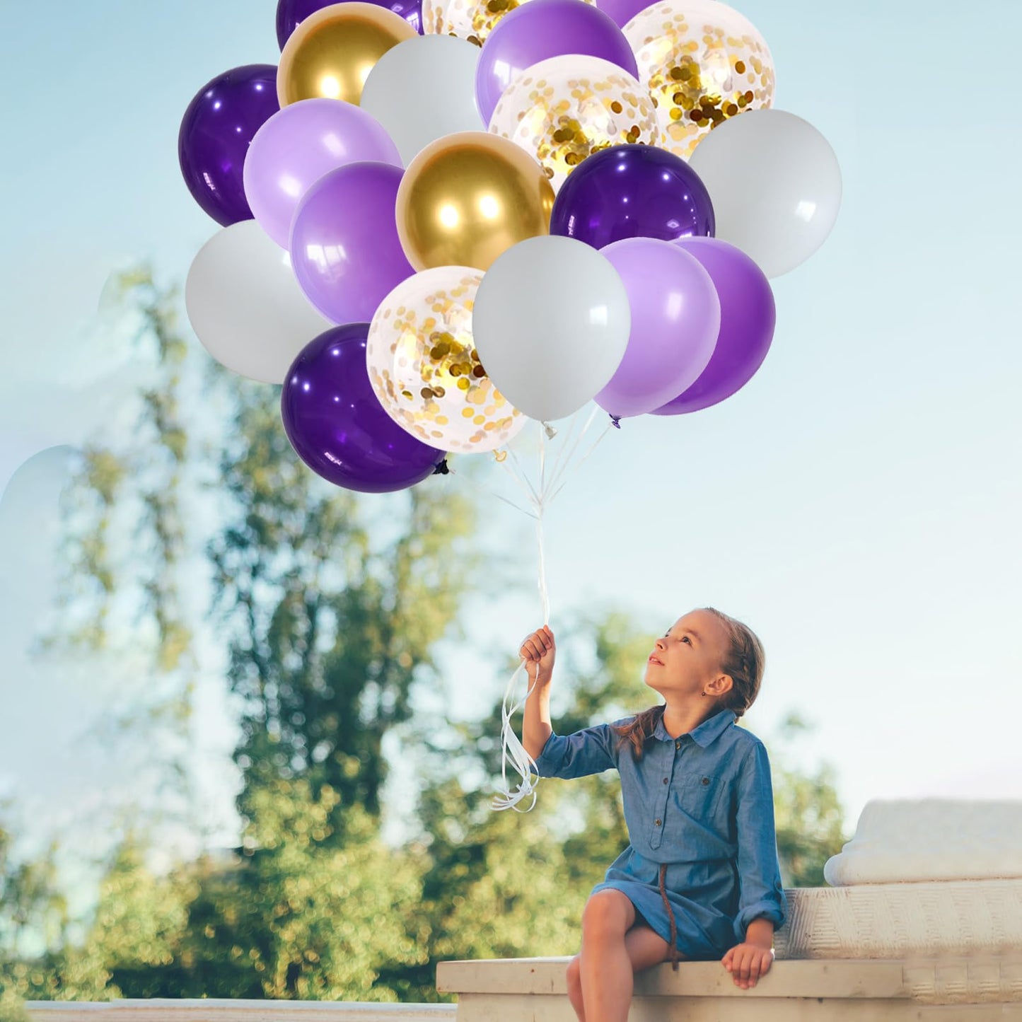 Jobkoo Purple White 60Pcs Balloon Set For Girls Birthday, Princess Themed With Gold Confetti, 12-Inch Latex Balloons For Baby Sh