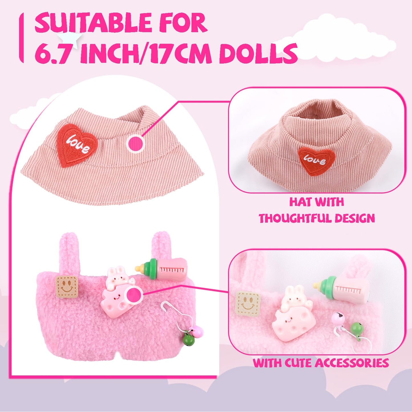 2 Sets of Clothes for Doll  5 Pcs Accessories for Doll 6.7in/17cm Outfits Knit Hat+T-Shirt+Bag  Sun Hat+Bib Pants