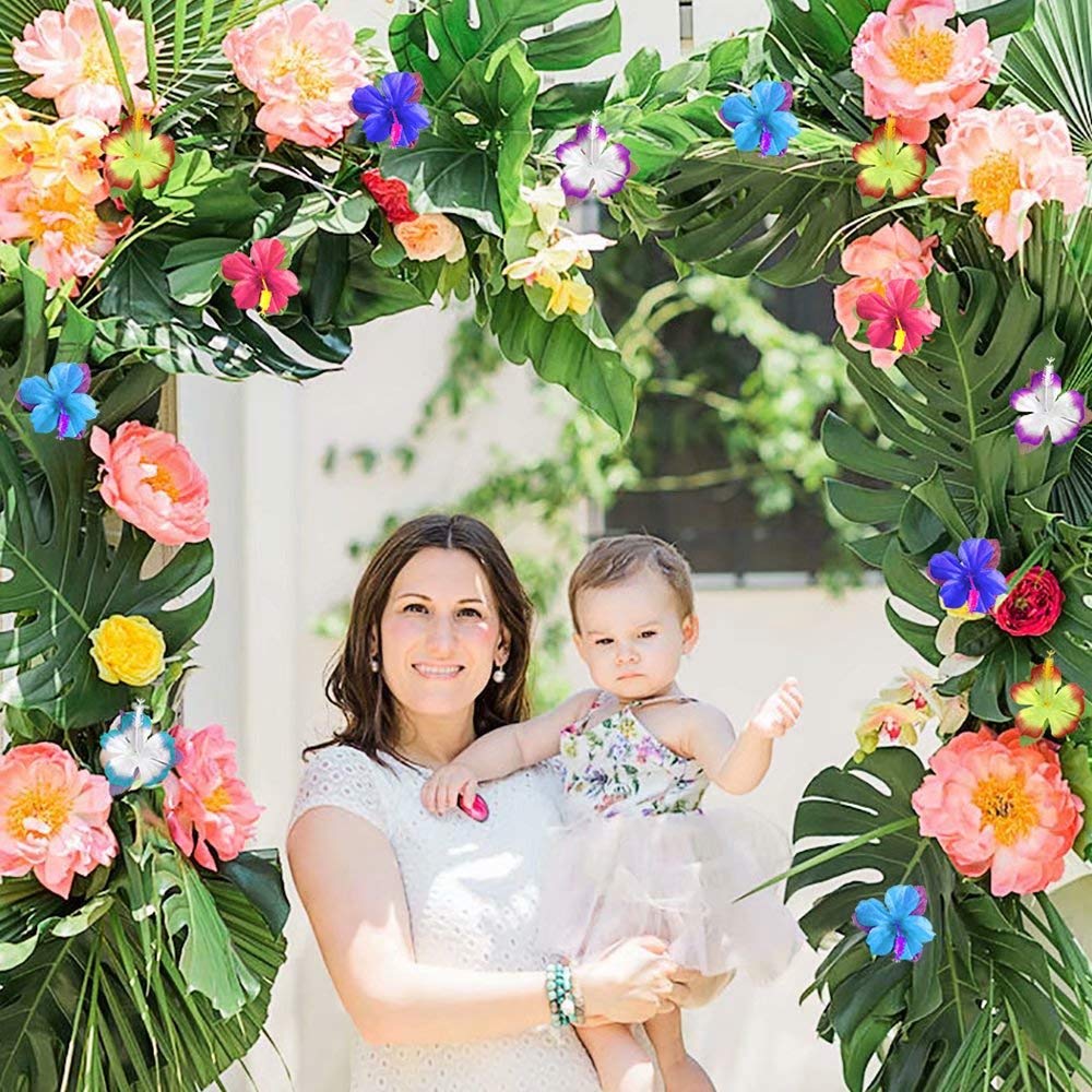 60Pcs Tropical Party Decorations Supplies Tropical Palm Leaves Hibiscus Flowers Simulation Artificial Leaf for Hawaiian Luau Saf