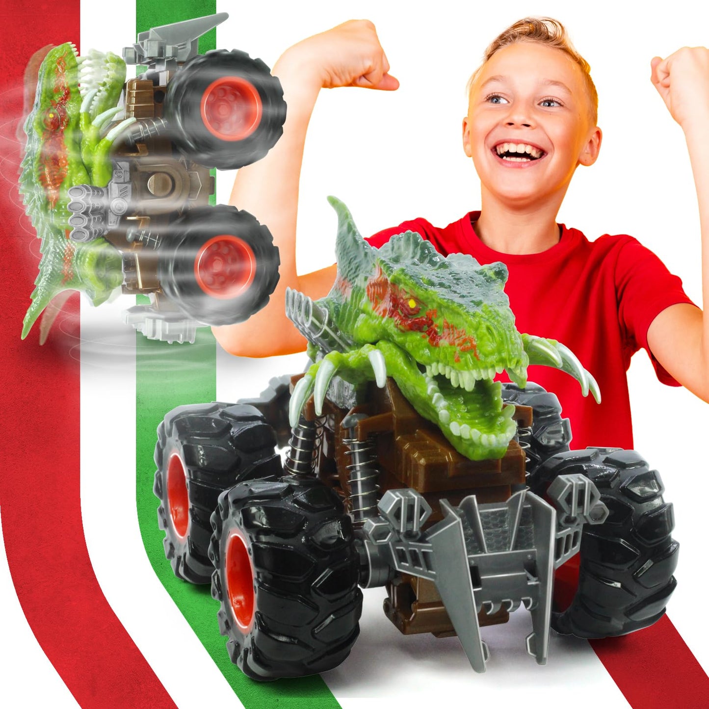 Oriate Dinosaur Monster Truck 4-7 Push and Go Toys 3-5, Friction Powered ATV Velociraptor Dino Stunt Play Trucks for Kids Boys G
