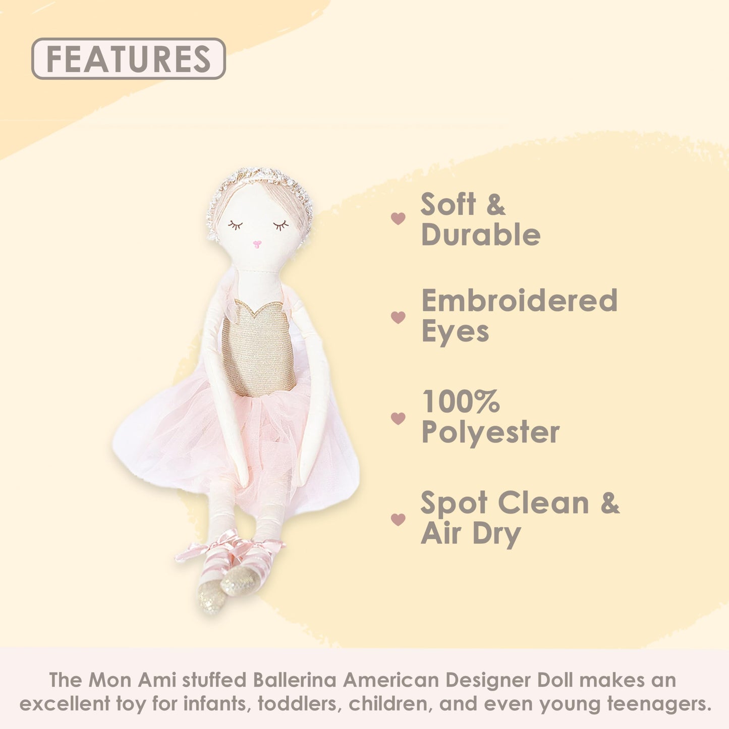 MON AMI Ballerina Stuffed Doll - 22   , Plush Ballerina Doll for Girls, Use as Toy or Room Decor, Great Gift for Kids of All Age