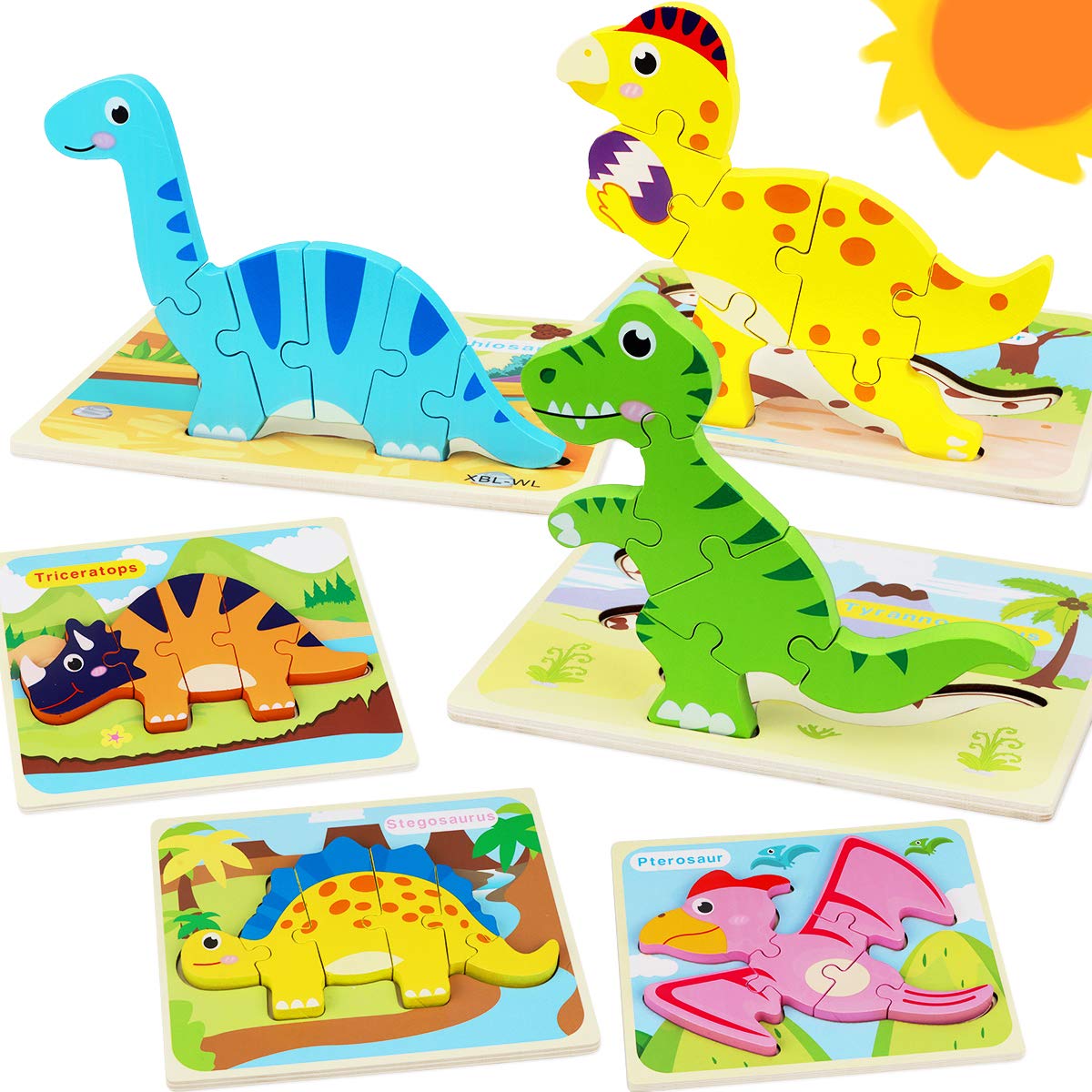 Wooden Dinosaur Puzzle Adventure 7 Preschool Learning Puzzles for Kids Ages 3+ Montessori Jigsaw Set