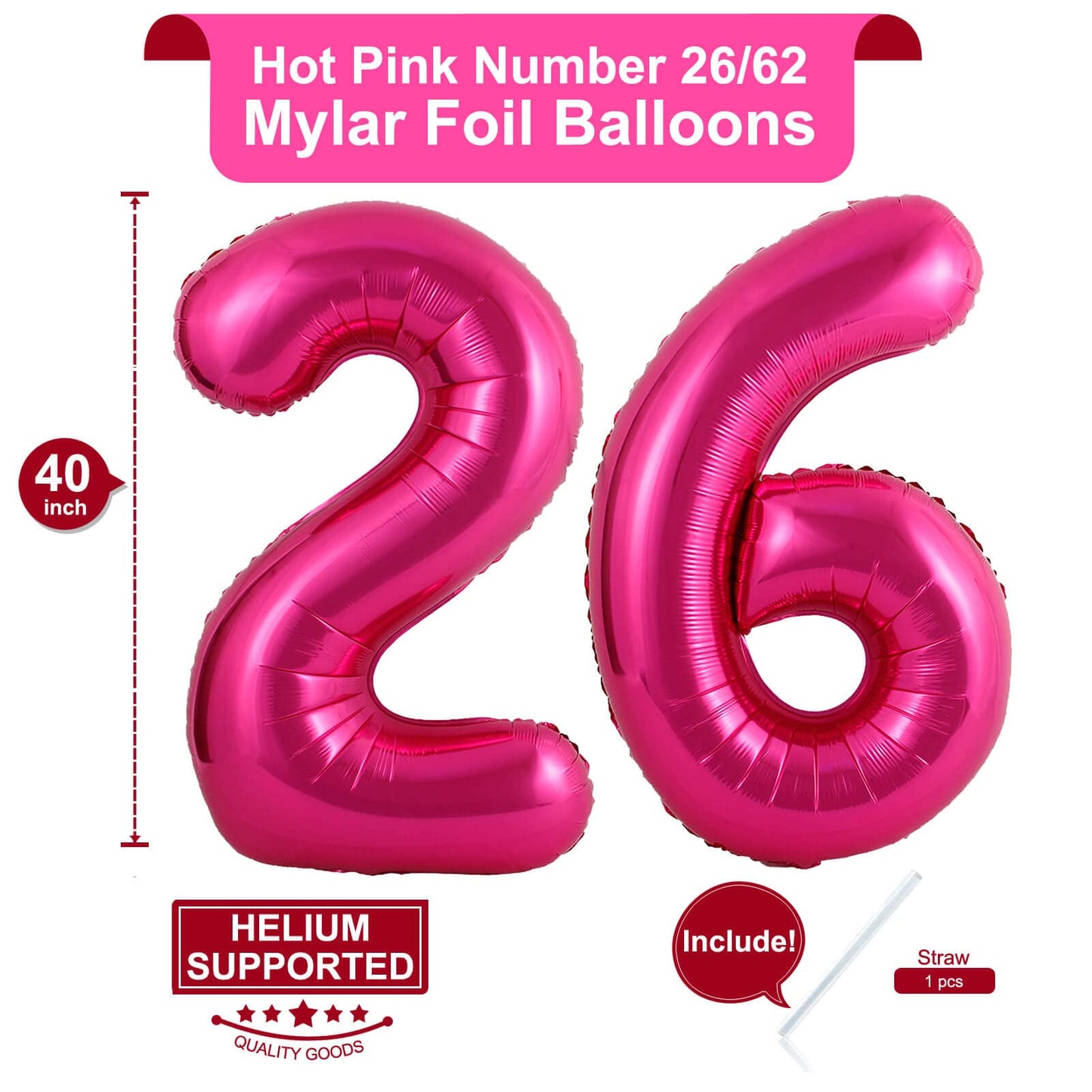 LHOAVWE Hot Pink 26 Foil Mylar Balloons 40 Inch - Jumbo Number Balloons for 26th/62nd Birthday Party Decorations