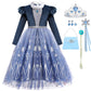 Luzlen Girls Elsa Costume Snow Princess Dress Up Blue Halloween Party Cosplay Outfits With Accessories, 4-5T(Tag 120)